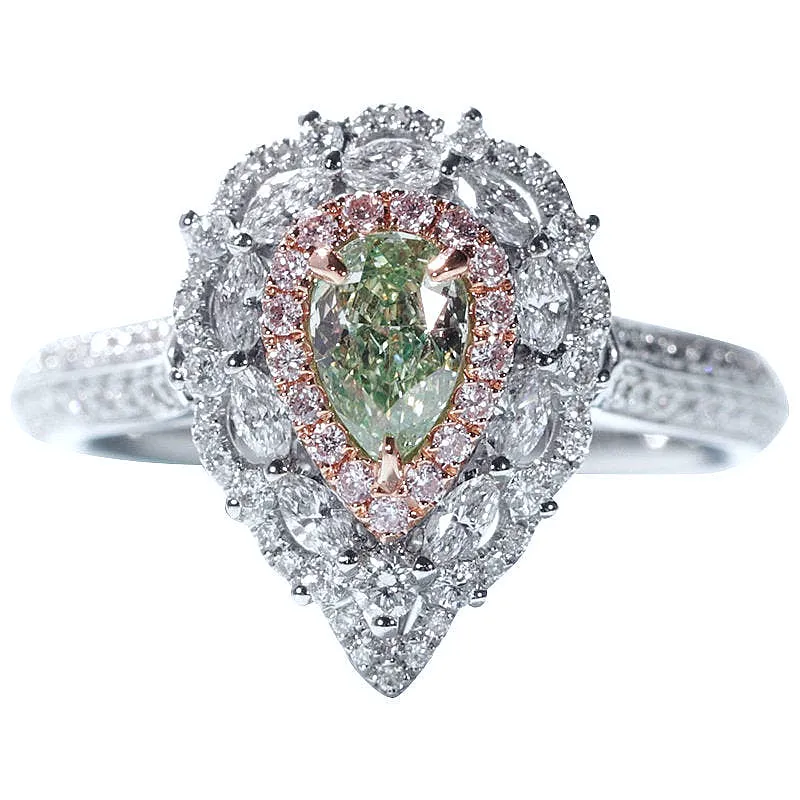 Green Damond and Pink Diamond Engagement Halo Ring