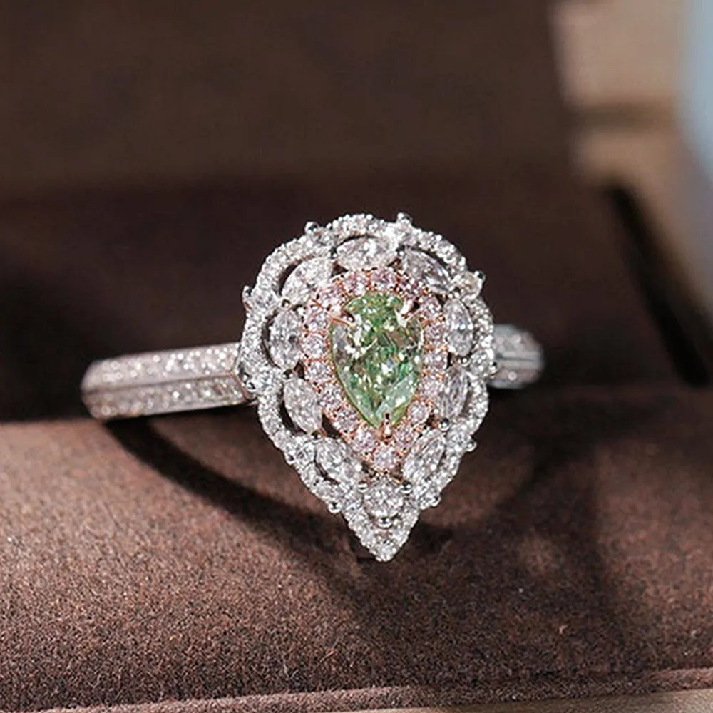 Green Damond and Pink Diamond Engagement Halo Ring