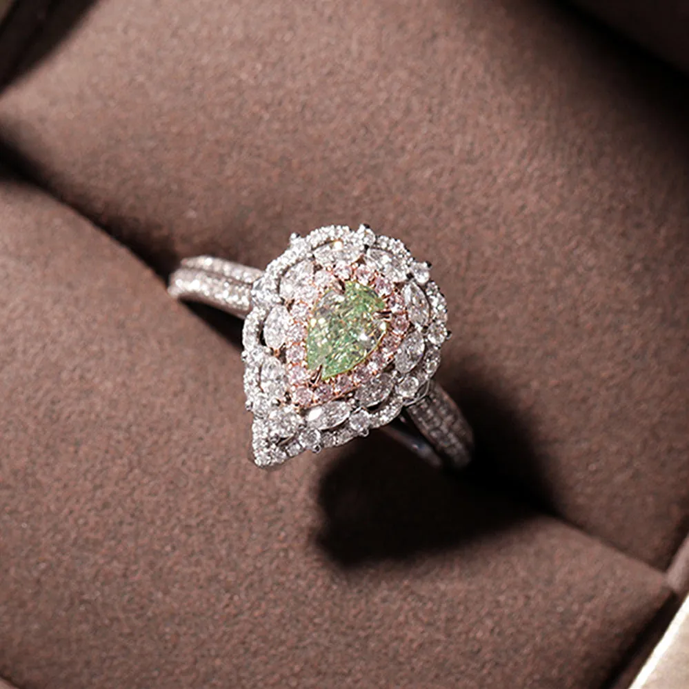Green Damond and Pink Diamond Engagement Halo Ring