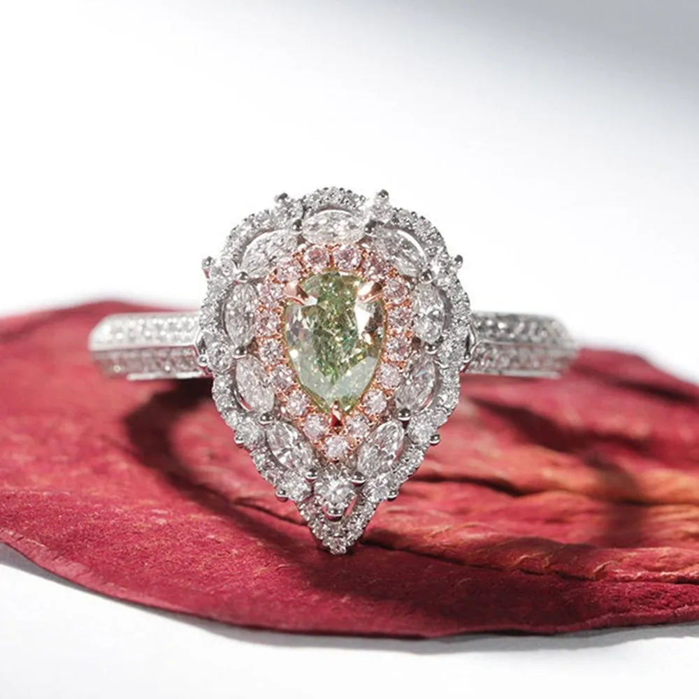Green Damond and Pink Diamond Engagement Halo Ring
