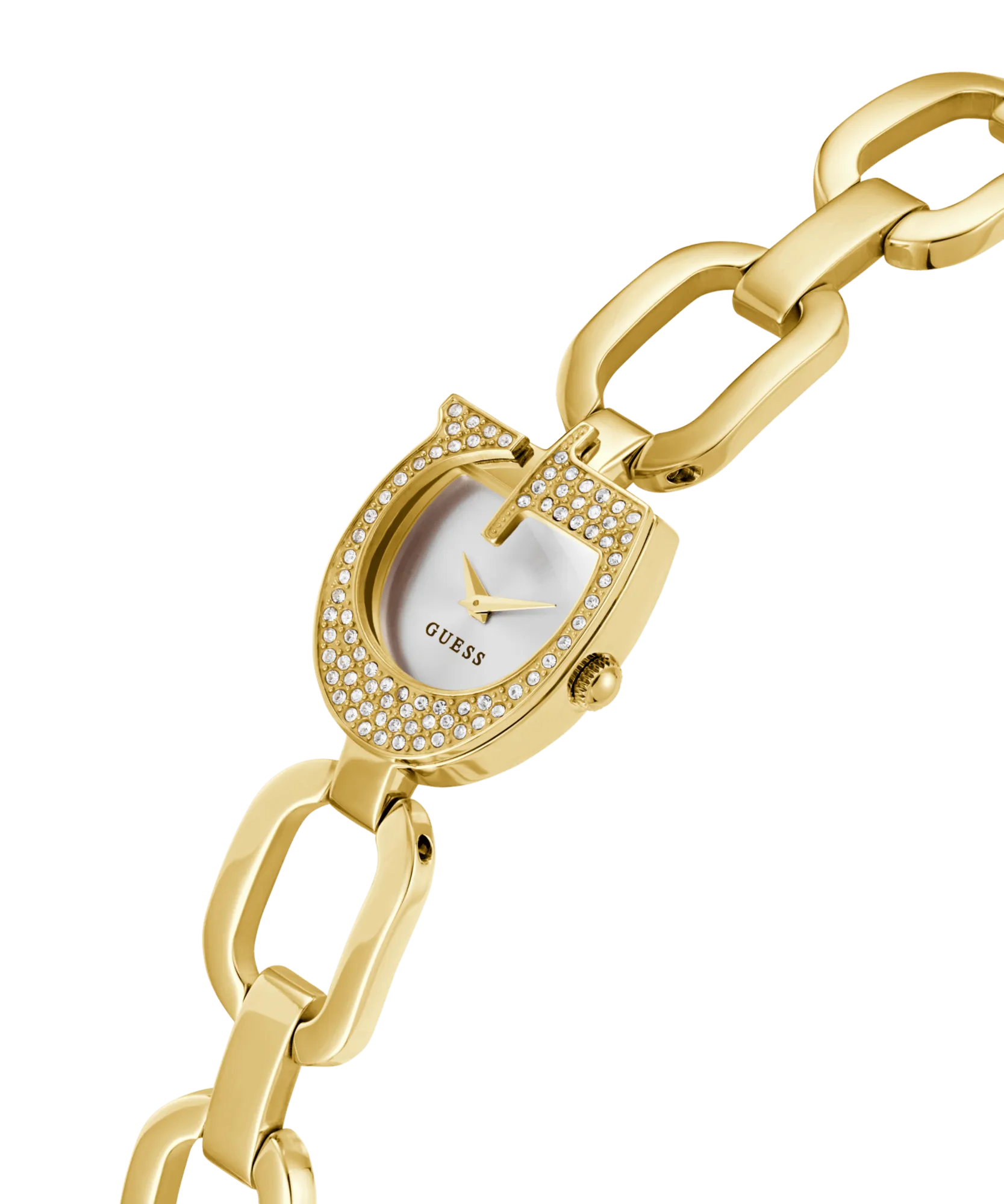 Guess Gia Polished Gold Tone Logo Case With Crystals Sunray Silver Dial And Polished Gold Tone Bracelet With Adjustable G Links GW0683L2