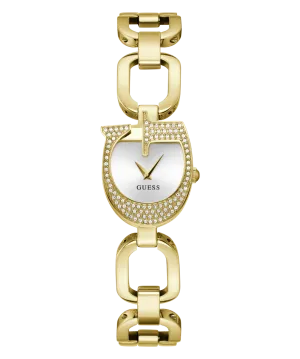 Guess Gia Polished Gold Tone Logo Case With Crystals Sunray Silver Dial And Polished Gold Tone Bracelet With Adjustable G Links GW0683L2