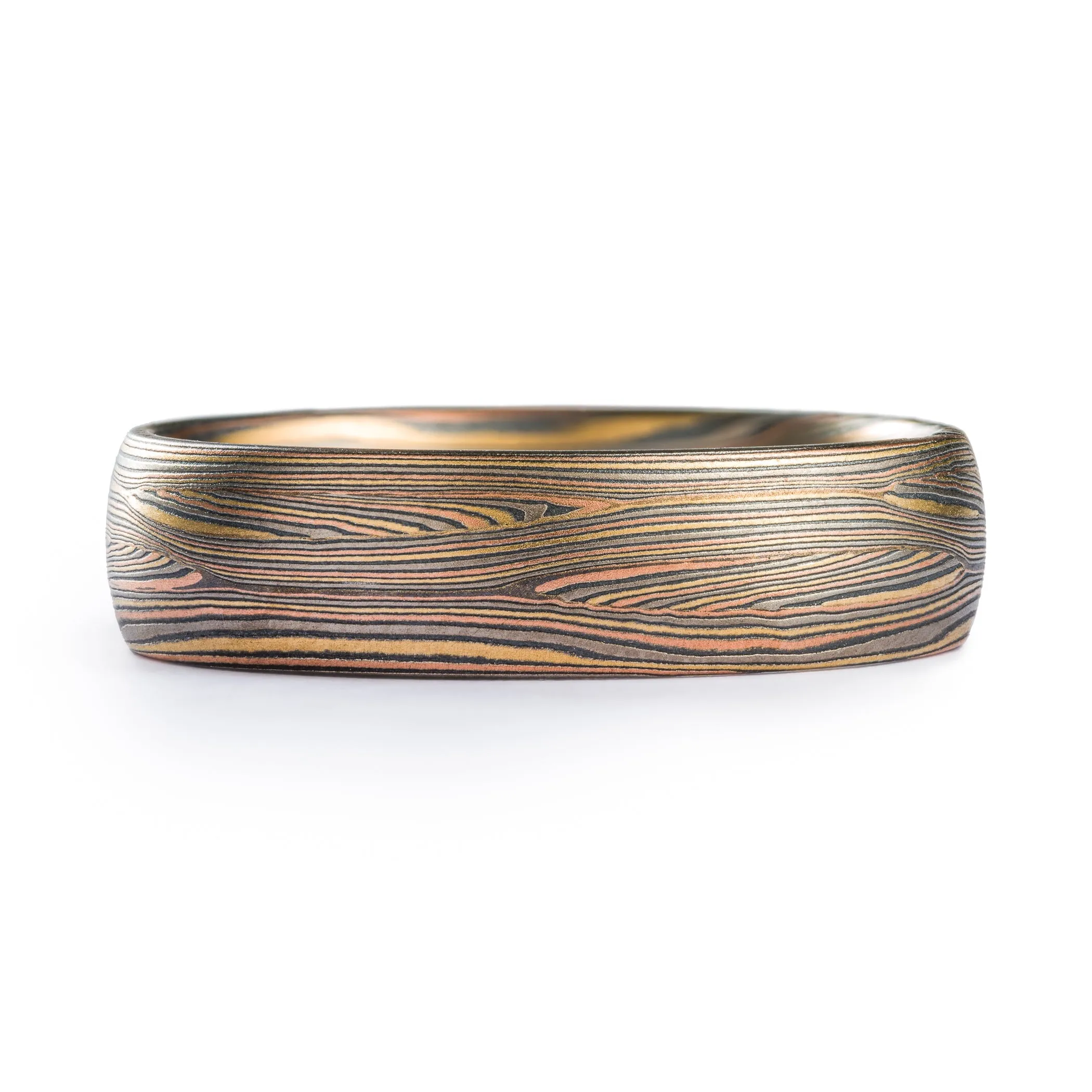 Handcrafted Mokume Gane Ring in Flow Pattern with Mokume Knots and Firestorm Palette