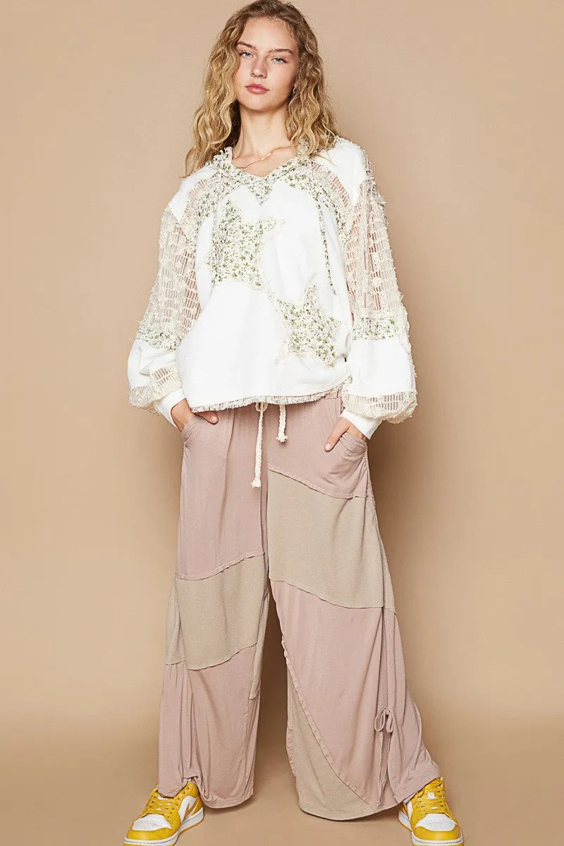 Hazel Blues® |  POL Star Patch Lace Contrast Long Sleeve Hooded Top