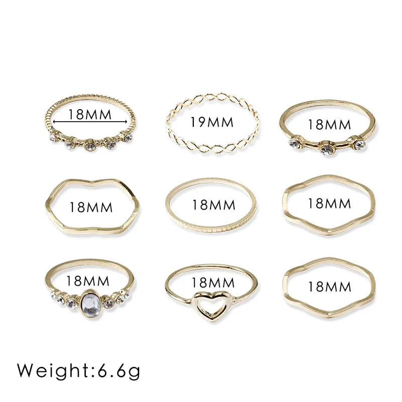Heart Patter Beaded 9PCS Rings Set