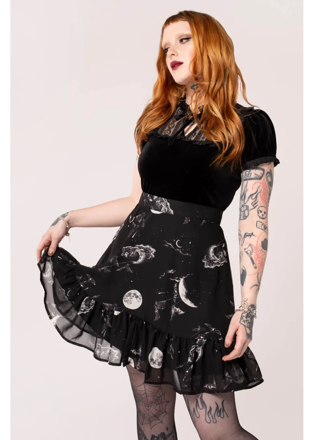 Hell Bunny Over The Moon Bats 60's Skirt Black