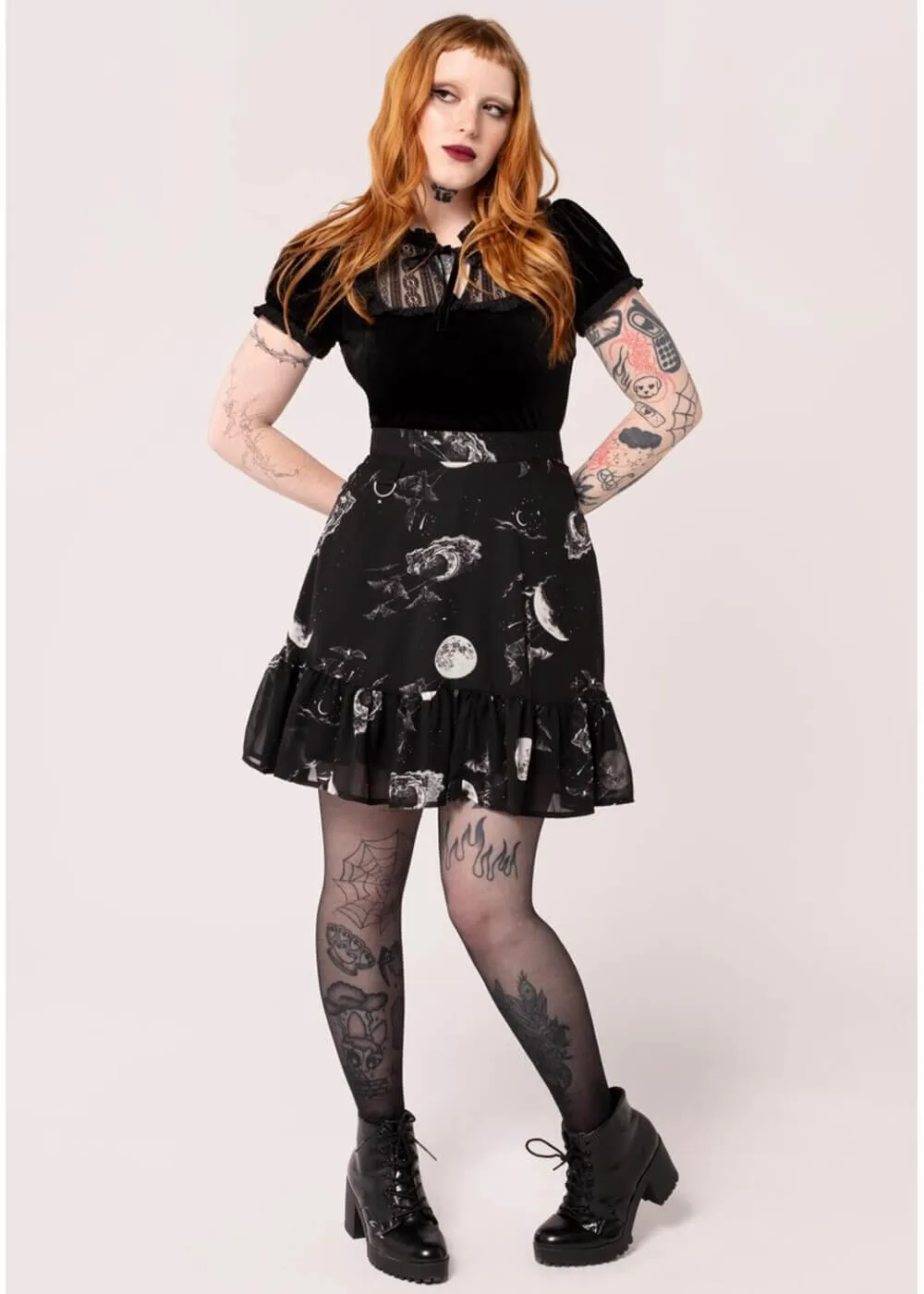 Hell Bunny Over The Moon Bats 60's Skirt Black