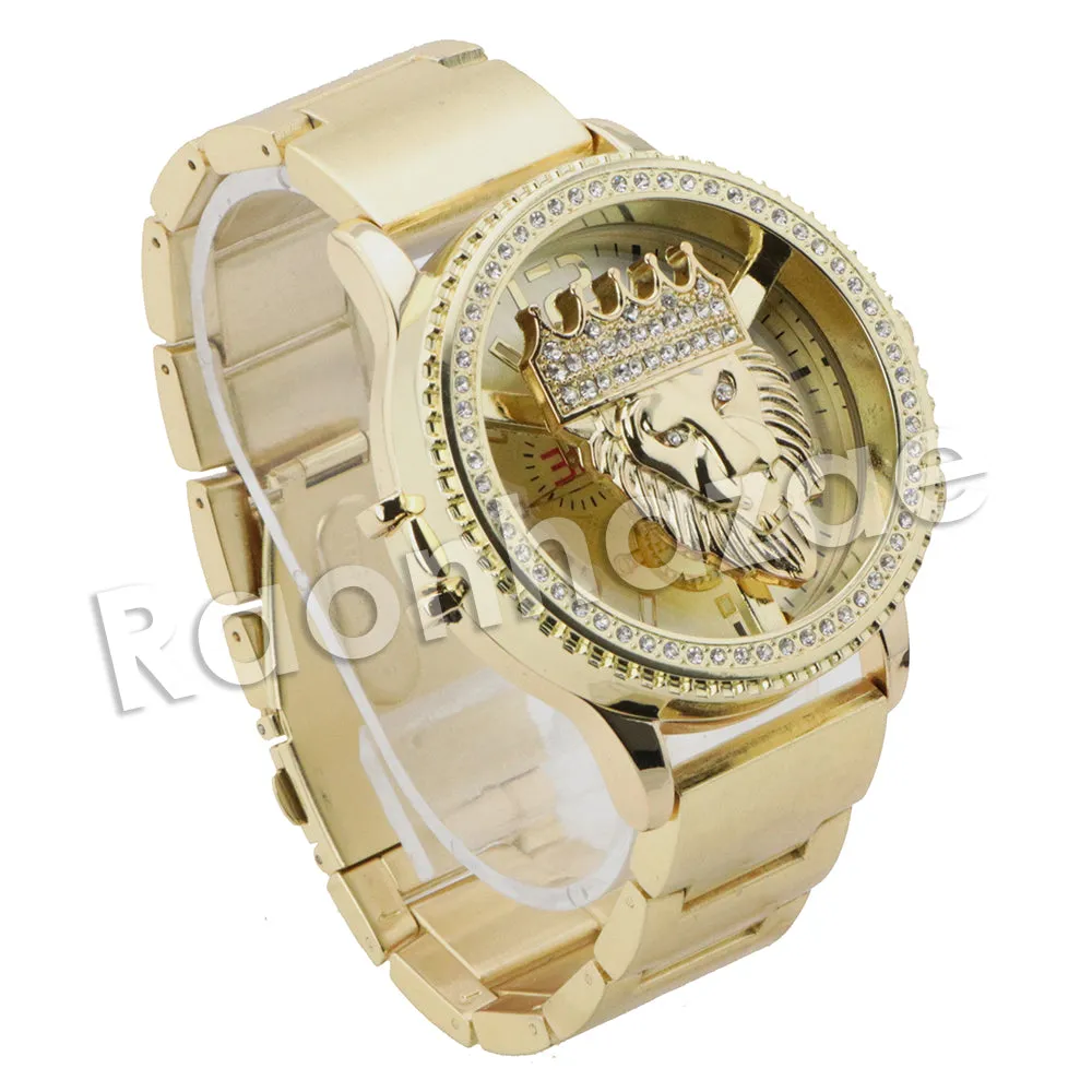 HIP HOP RAONHAZAE LION FACE LUXURY GOLD FINISHED LAB DIAMOND WATCH