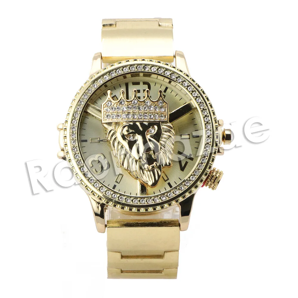 HIP HOP RAONHAZAE LION FACE LUXURY GOLD FINISHED LAB DIAMOND WATCH