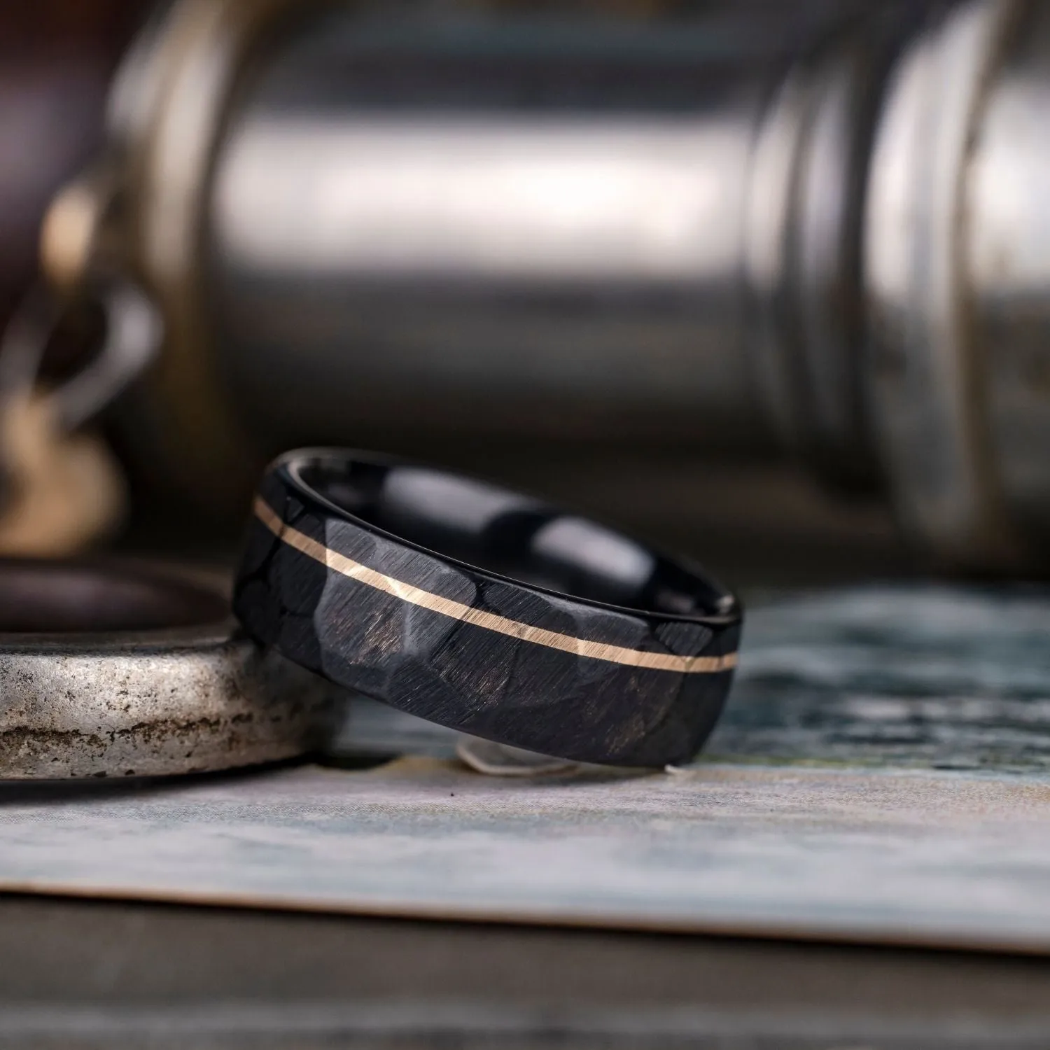(In-Stock) The Apollo Noir | Men's Hammered Black Titanium Wedding Band with Offset 14k Yellow Gold Inlay - Size 11.5 | 8mm Wide