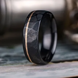(In-Stock) The Apollo Noir | Men's Hammered Black Titanium Wedding Band with Offset 14k Yellow Gold Inlay - Size 11.5 | 8mm Wide