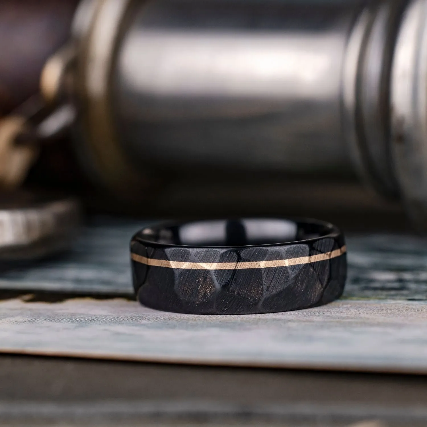 (In-Stock) The Apollo Noir | Men's Hammered Black Titanium Wedding Band with Offset 14k Yellow Gold Inlay - Size 11.5 | 8mm Wide