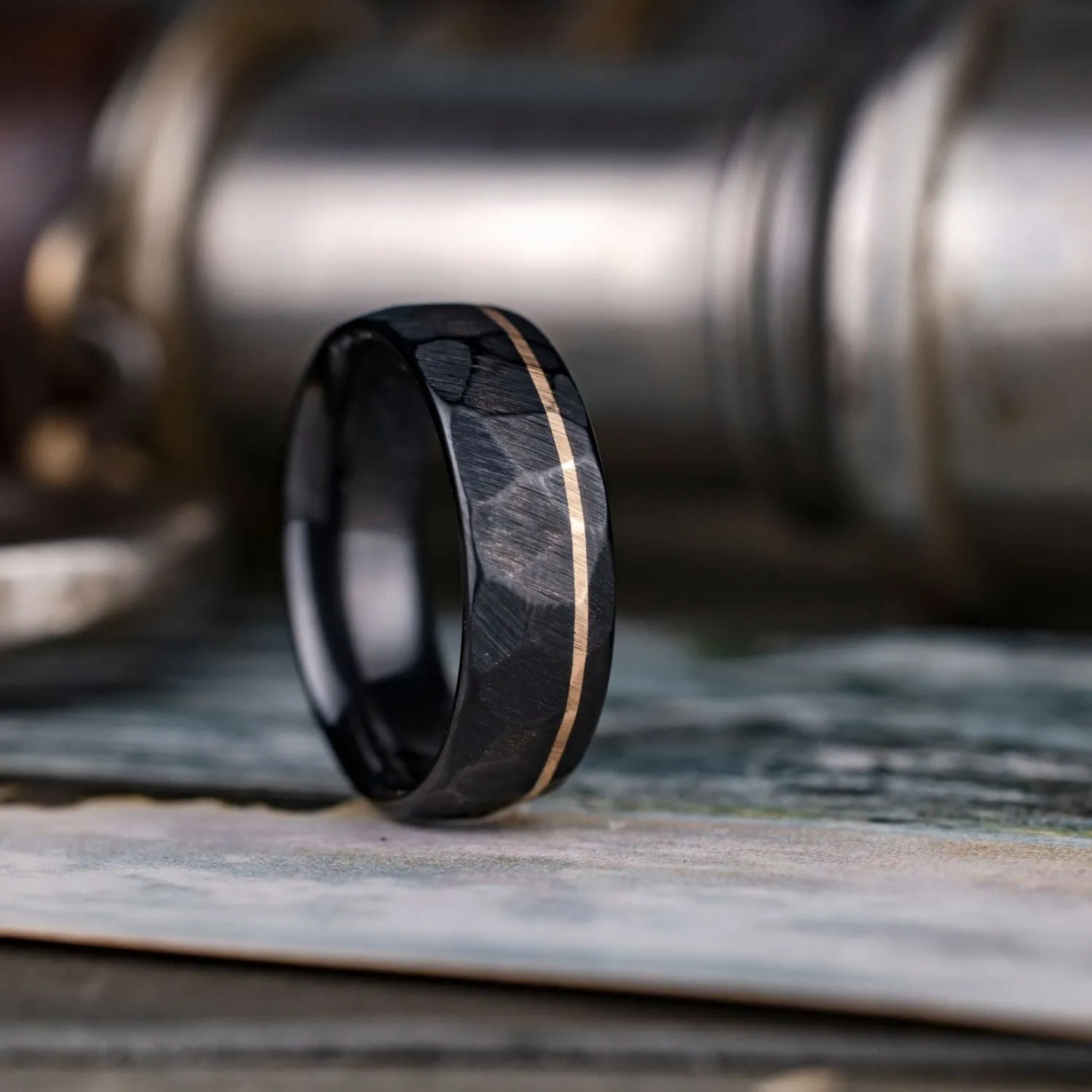 (In-Stock) The Apollo Noir | Men's Hammered Black Titanium Wedding Band with Offset 14k Yellow Gold Inlay - Size 11.5 | 8mm Wide