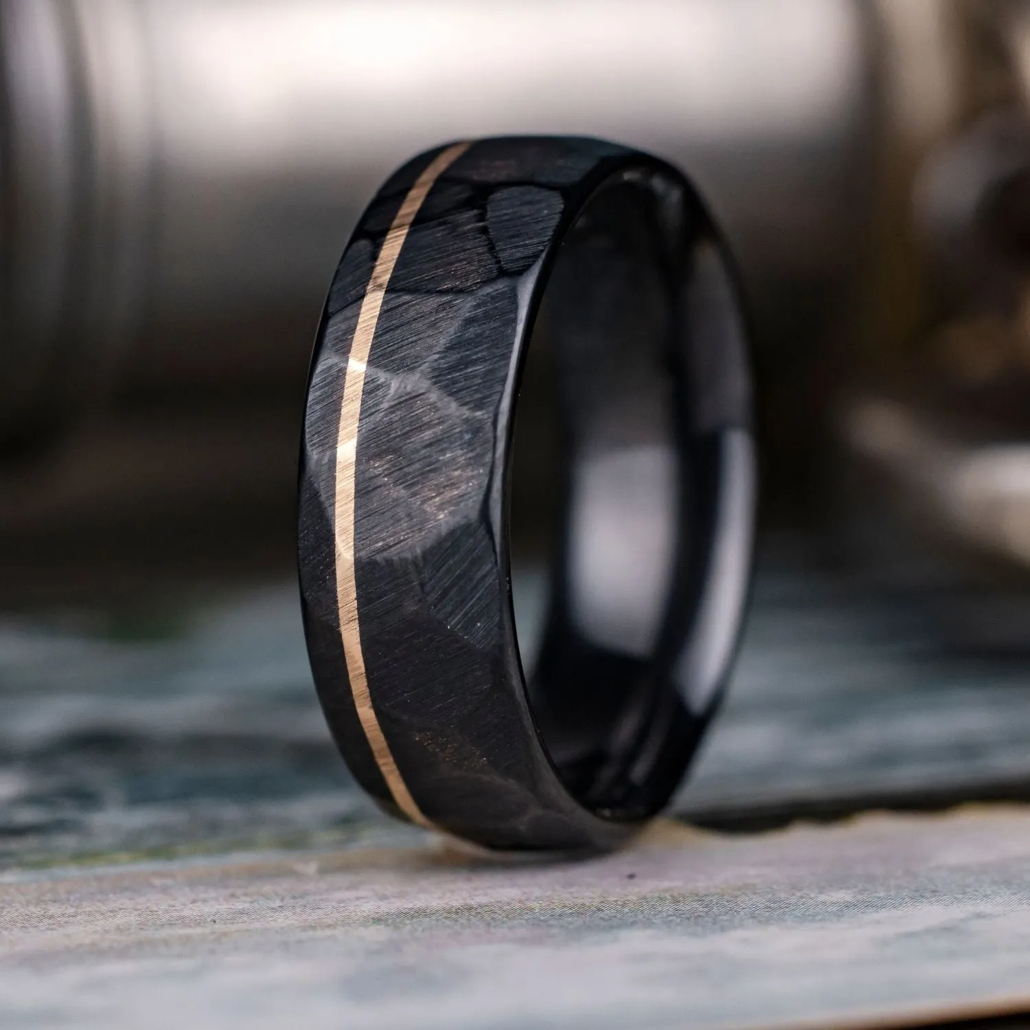 (In-Stock) The Apollo Noir | Men's Hammered Black Titanium Wedding Band with Offset 14k Yellow Gold Inlay - Size 11.5 | 8mm Wide