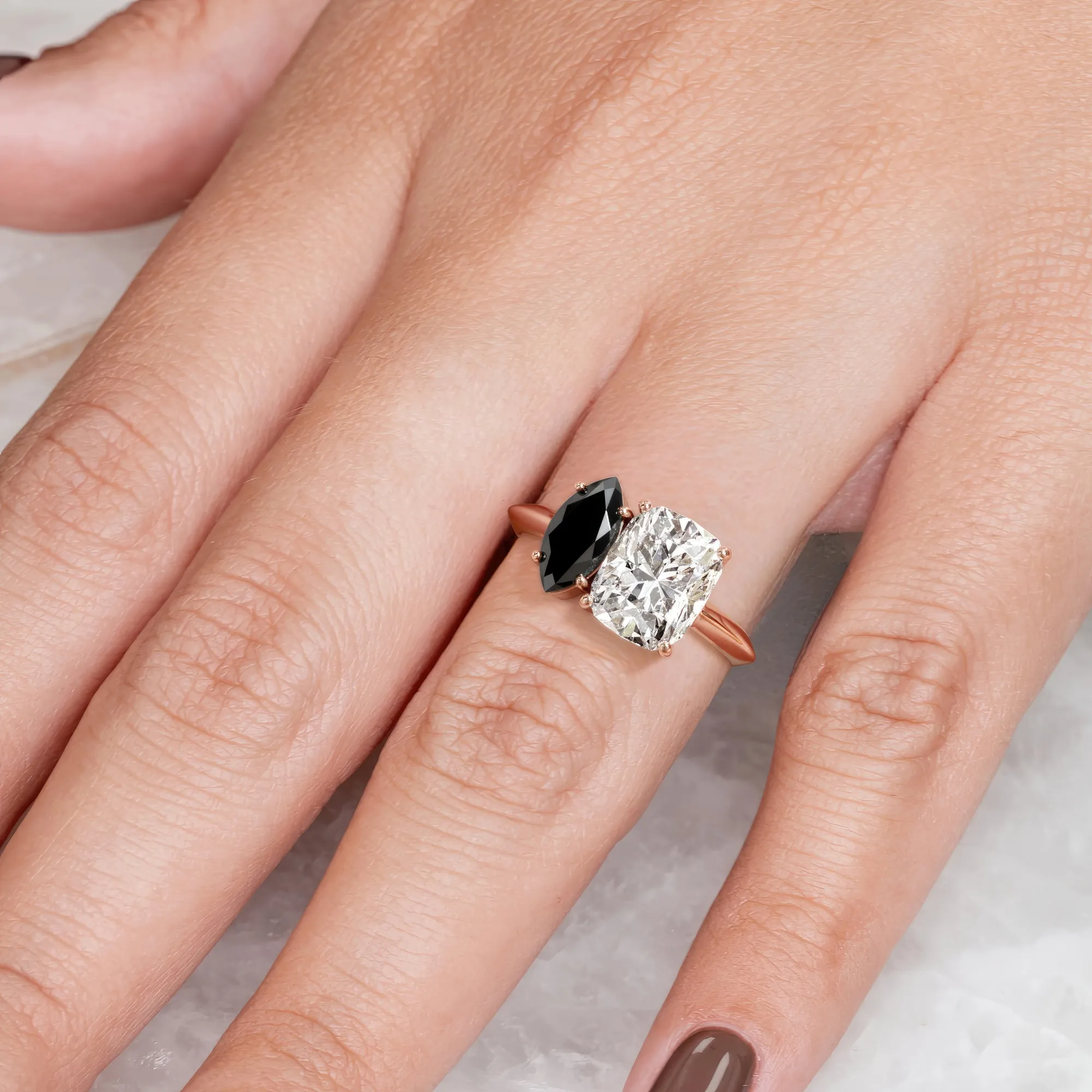 Jupiter'S Moons -   Two Stone  Natural Black Diamond Marquise Engagement Ring  in Rose Gold