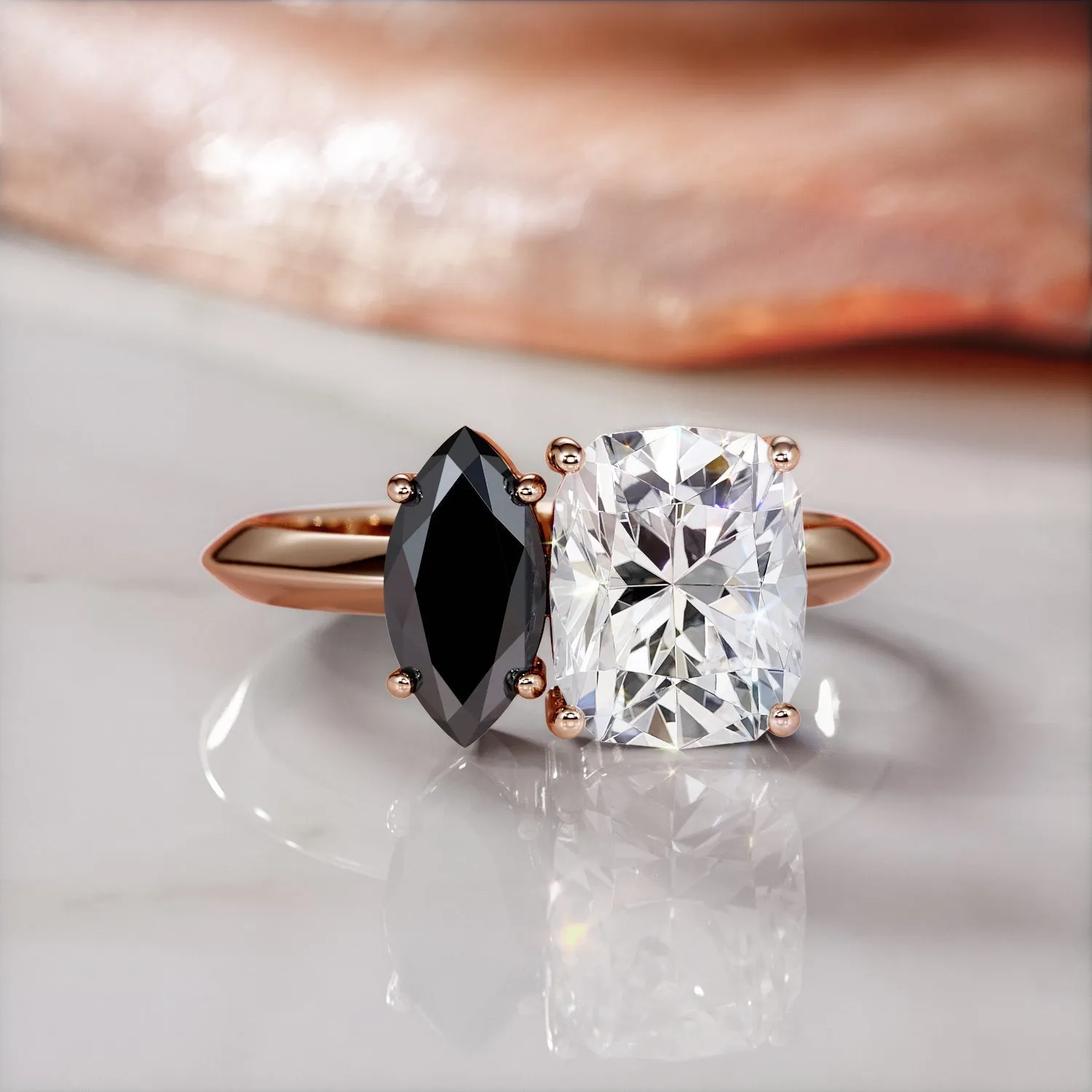 Jupiter'S Moons -   Two Stone  Natural Black Diamond Marquise Engagement Ring  in Rose Gold