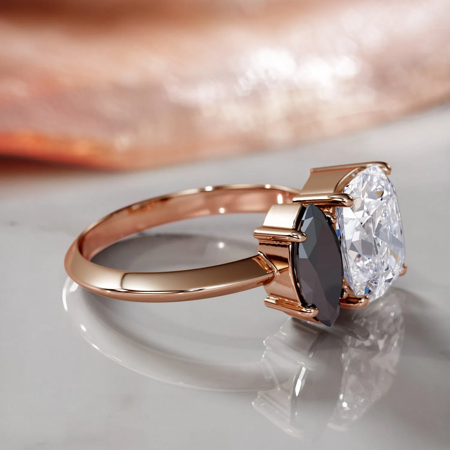 Jupiter'S Moons -   Two Stone  Natural Black Diamond Marquise Engagement Ring  in Rose Gold