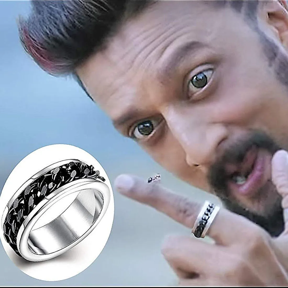 Karatcart Dude Chain Stainless Steel Silver Rings for Men and Boys (Black Chain)