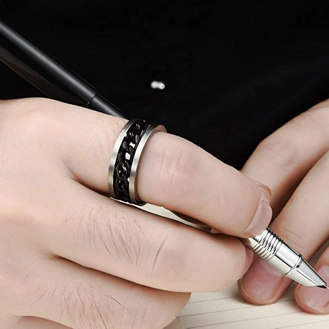 Karatcart Dude Chain Stainless Steel Silver Rings for Men and Boys (Black Chain)