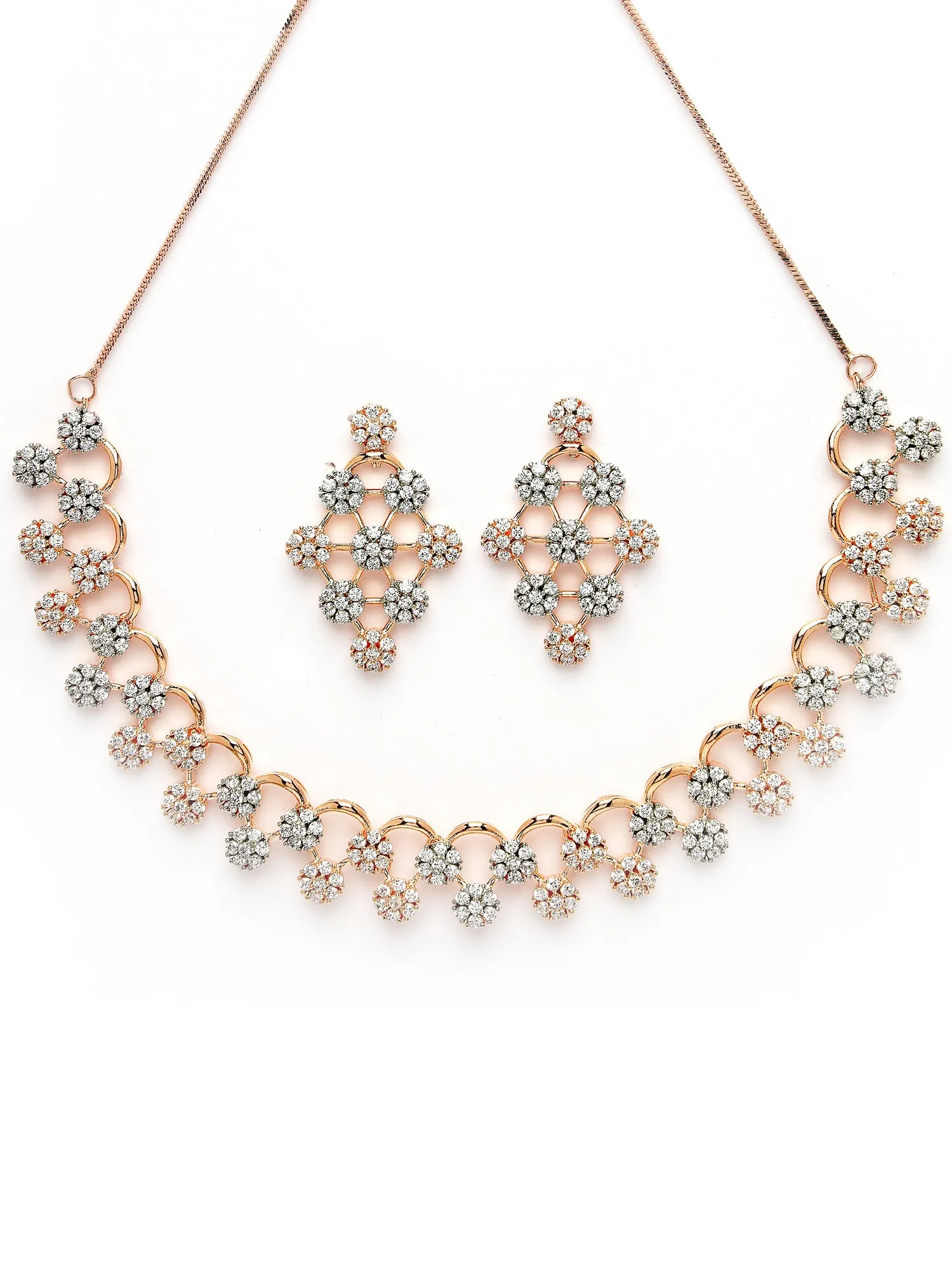 Karatcart Elegant Rose Gold Plated Necklace Set Studded with Cubic Zirconia and Rhodium Finish