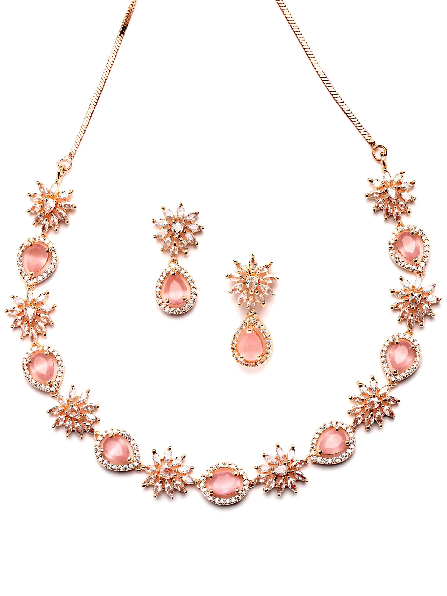 Karatcart Floral Design Pink Cubic Zirconia Studded Rose Gold Plated Necklace Set