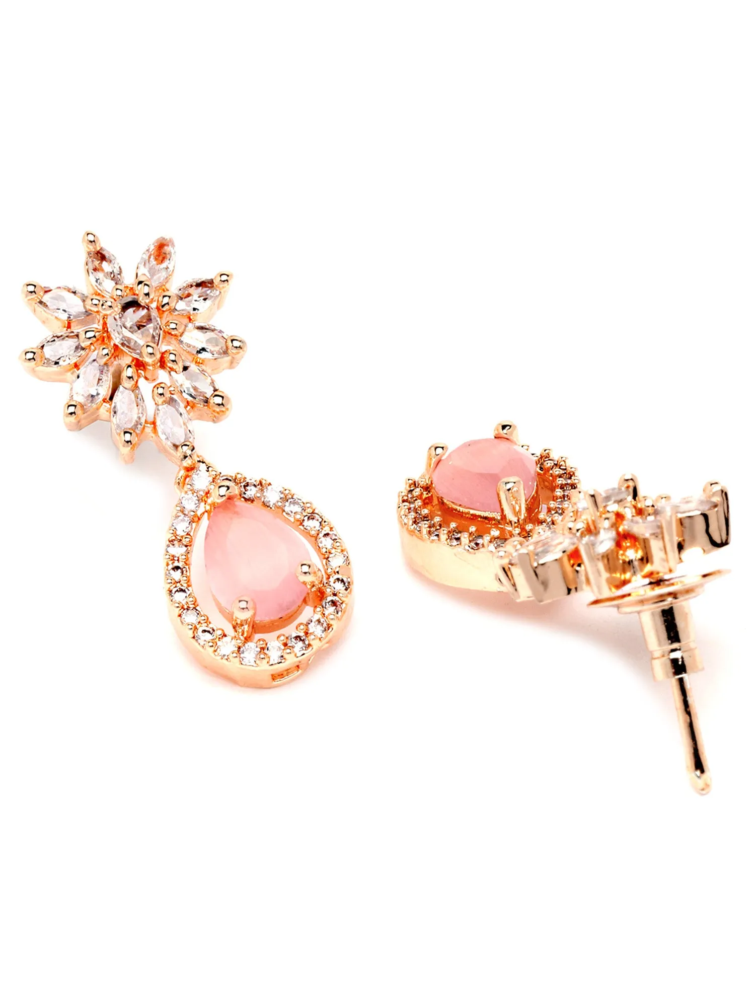 Karatcart Floral Design Pink Cubic Zirconia Studded Rose Gold Plated Necklace Set