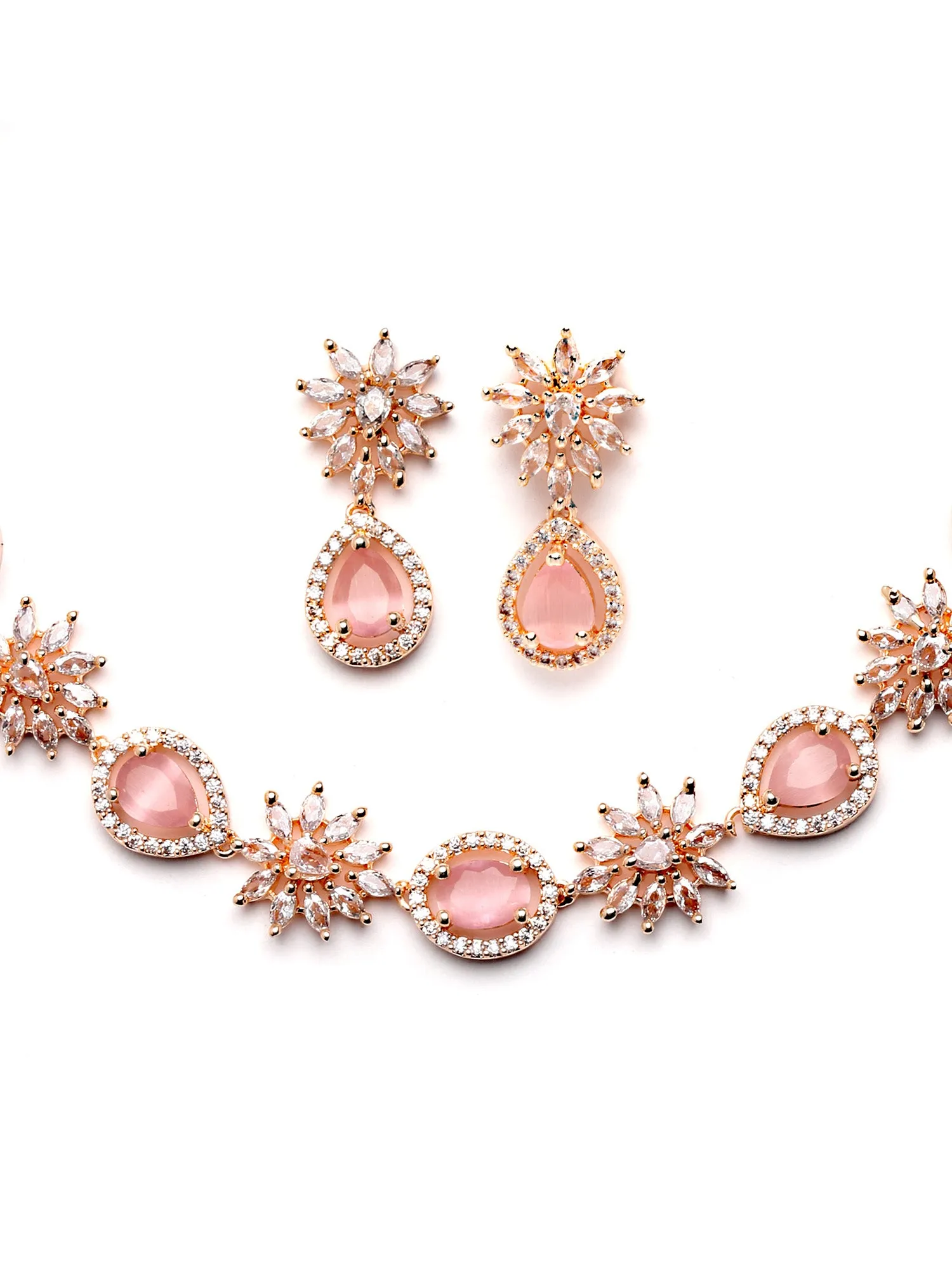 Karatcart Floral Design Pink Cubic Zirconia Studded Rose Gold Plated Necklace Set