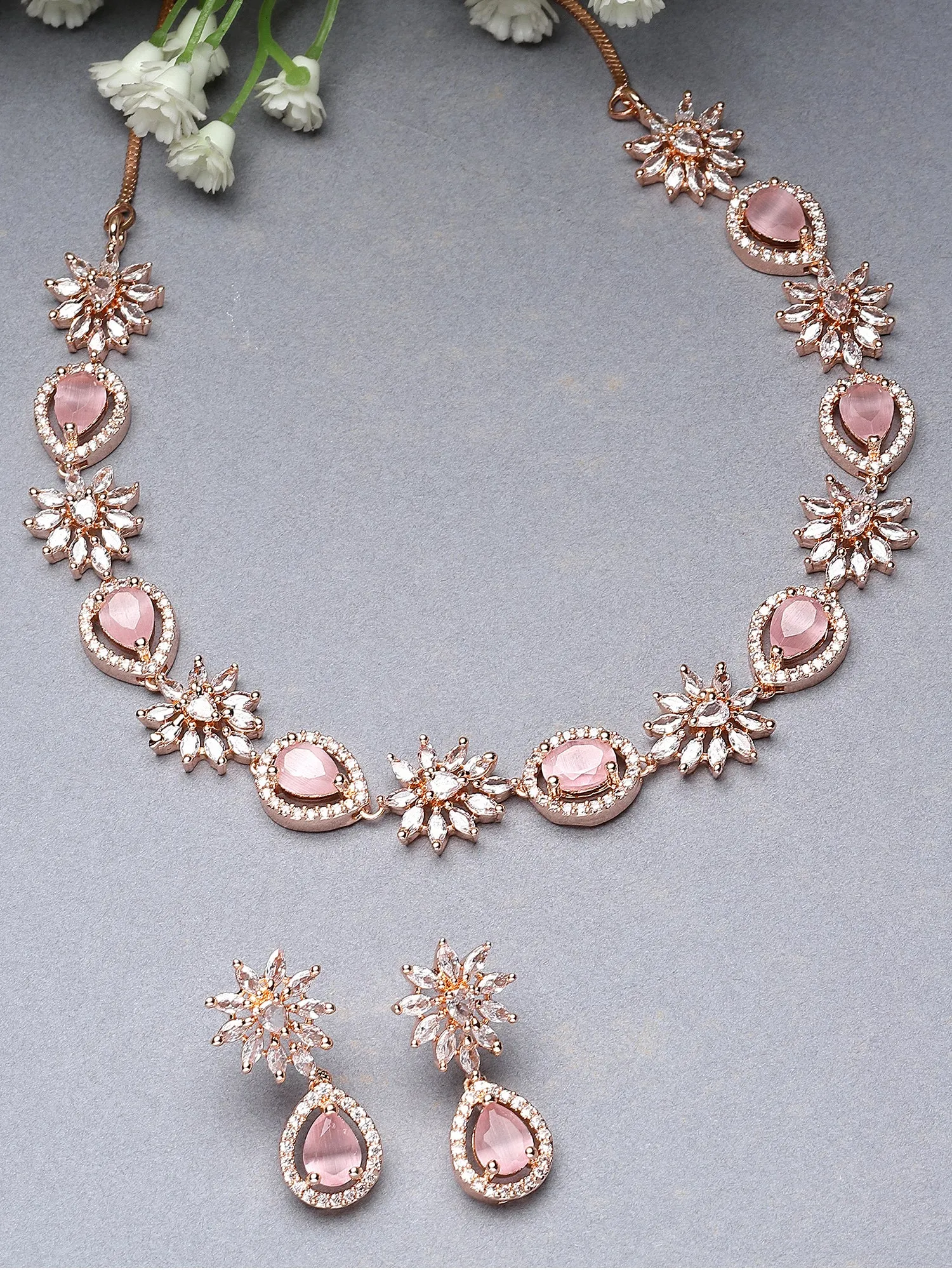 Karatcart Floral Design Pink Cubic Zirconia Studded Rose Gold Plated Necklace Set
