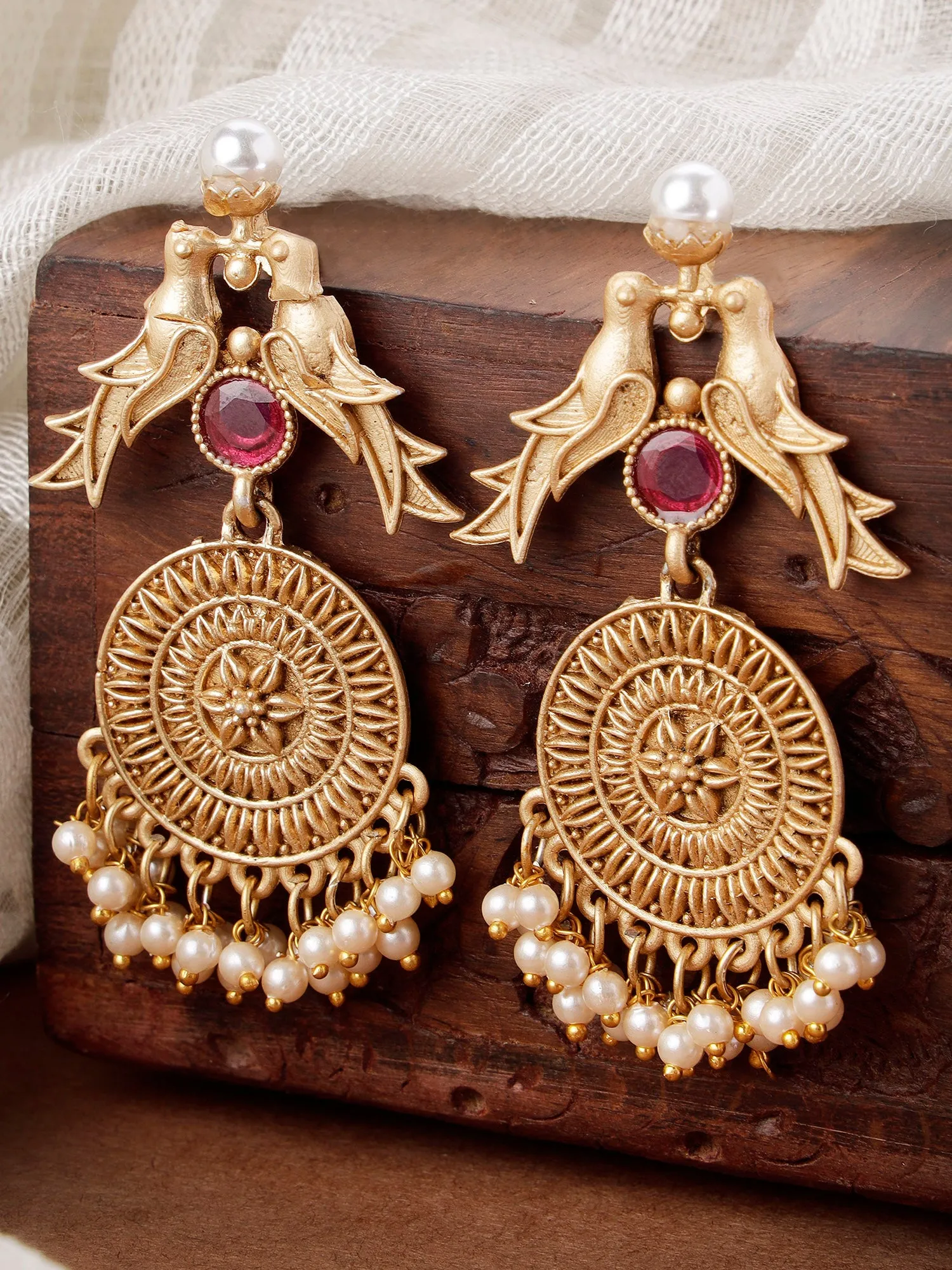 Karatcart Gold Plated Bird Design Red Stone Drop Earrings for Women