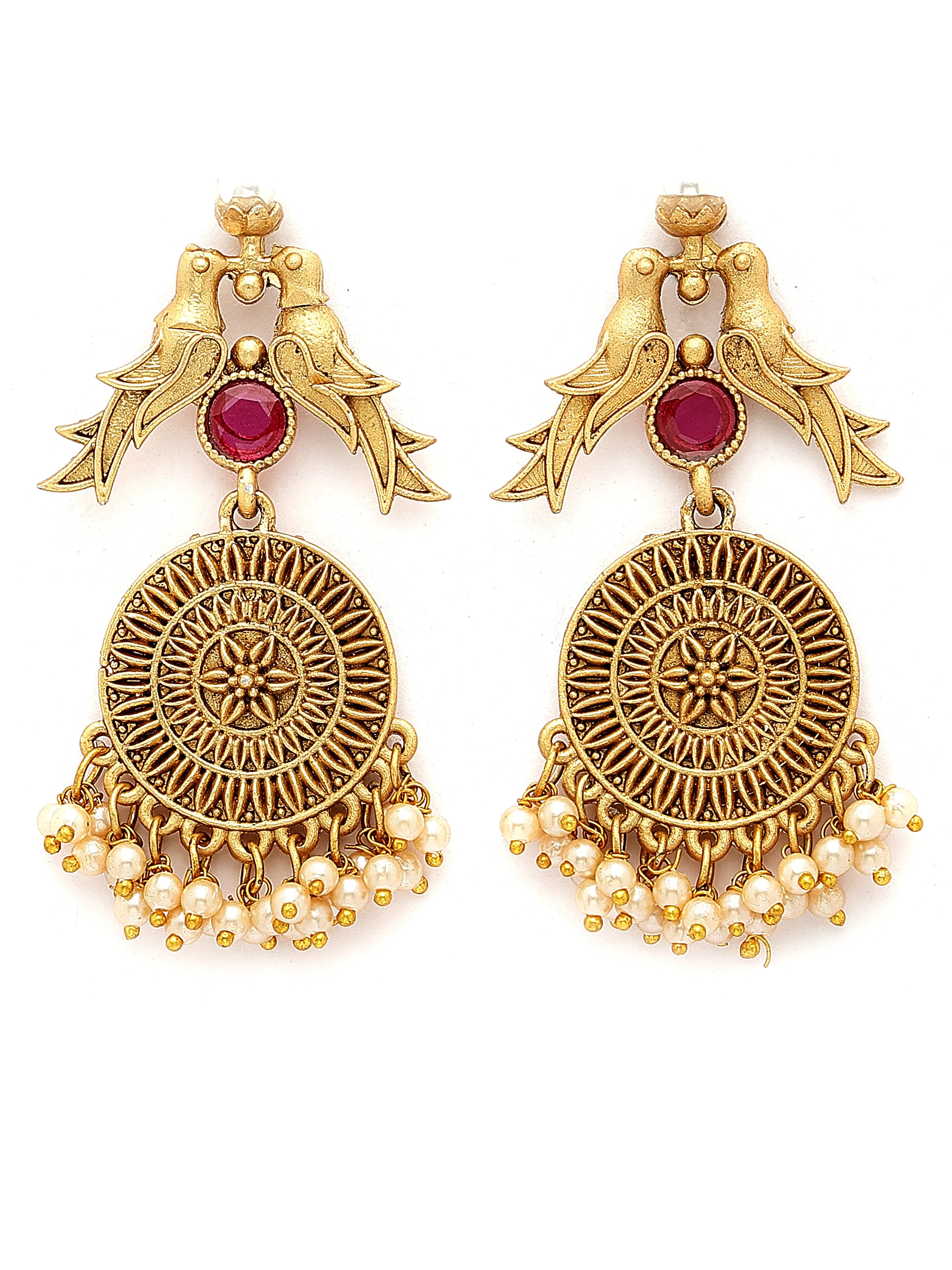 Karatcart Gold Plated Bird Design Red Stone Drop Earrings for Women