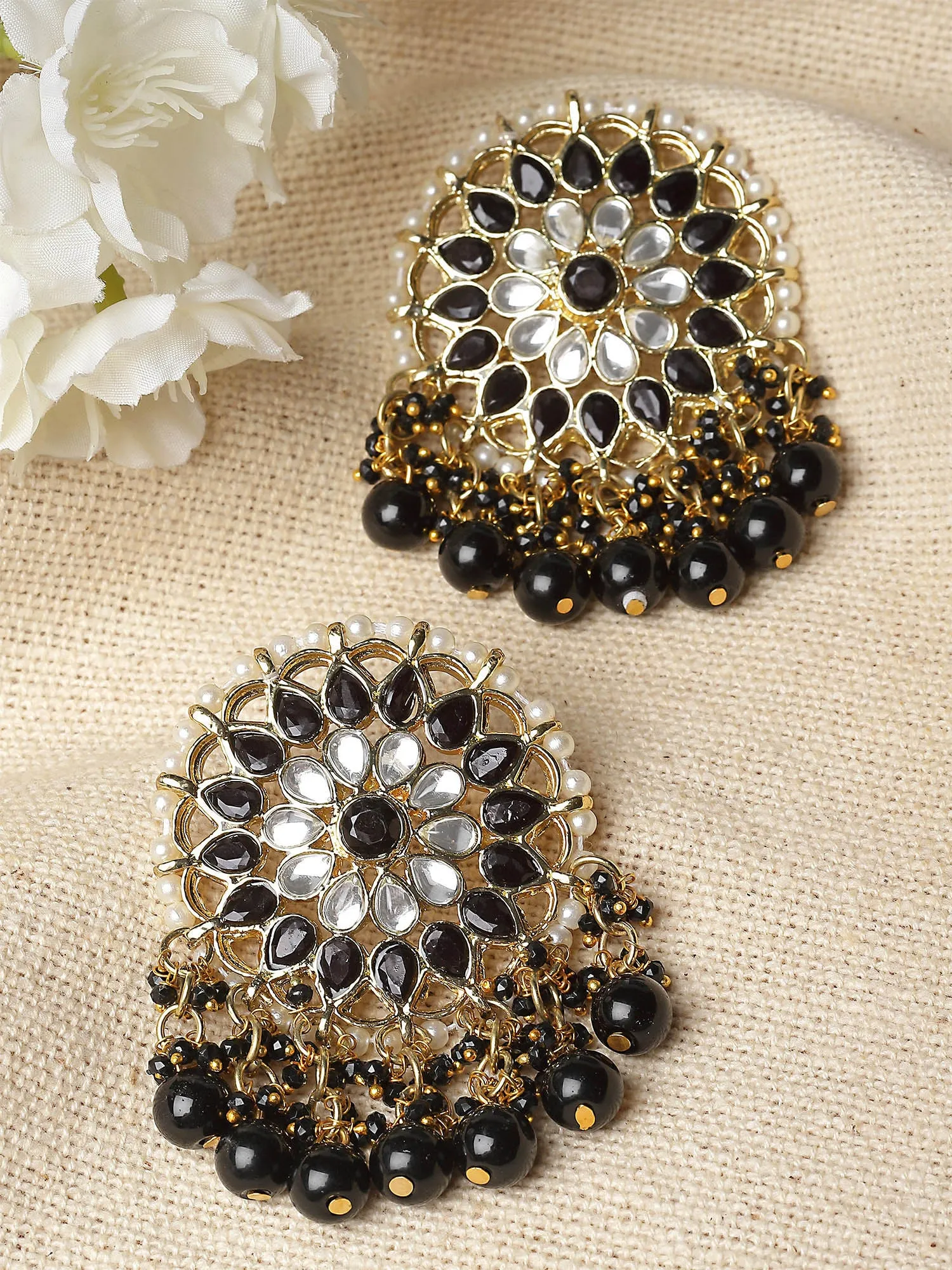 Karatcart Gold Plated Black Beads Kundan Dangler Earrings for Women