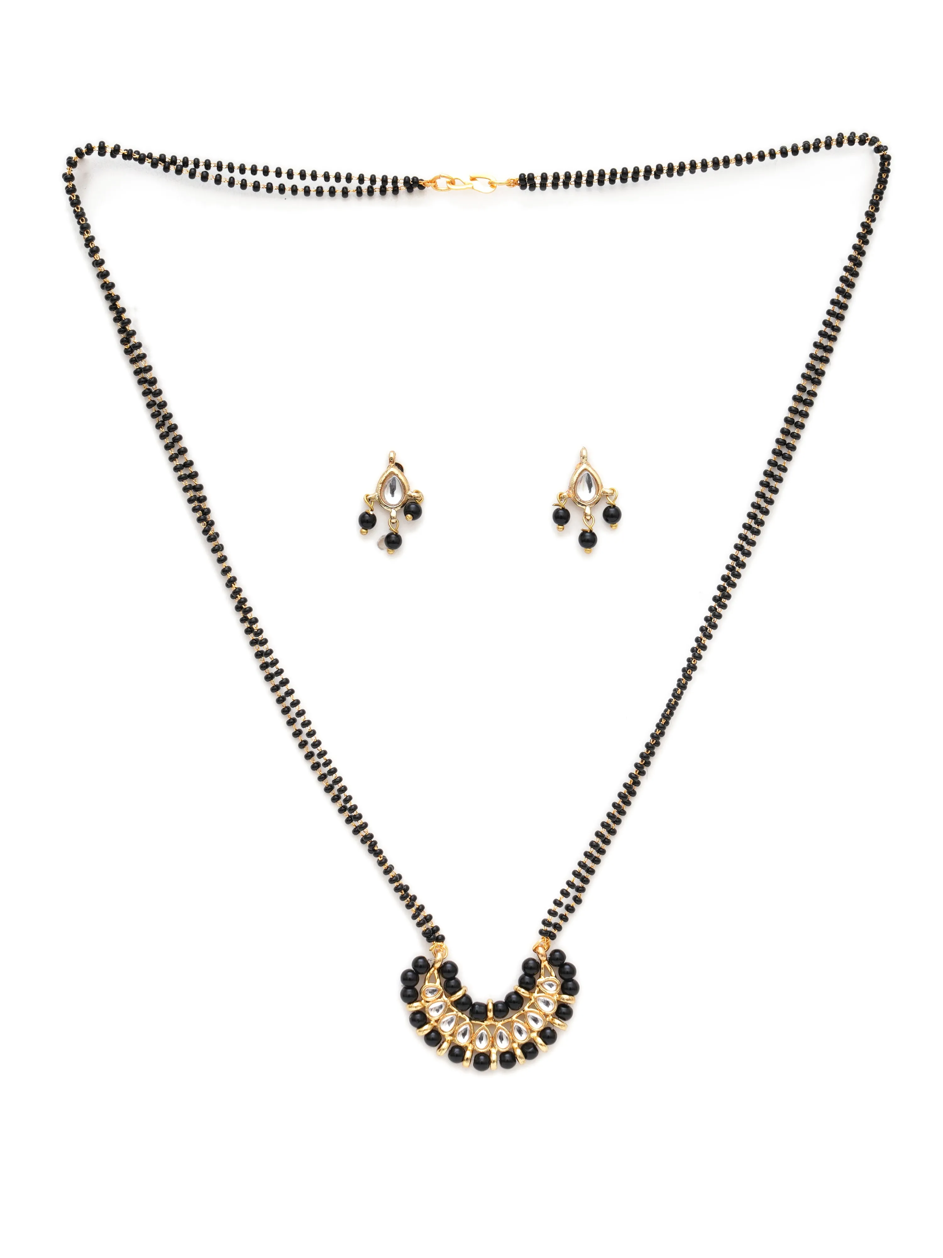 Karatcart Gold Plated Black Beads Moon Shape Kundan Mangalsutra with Earrings