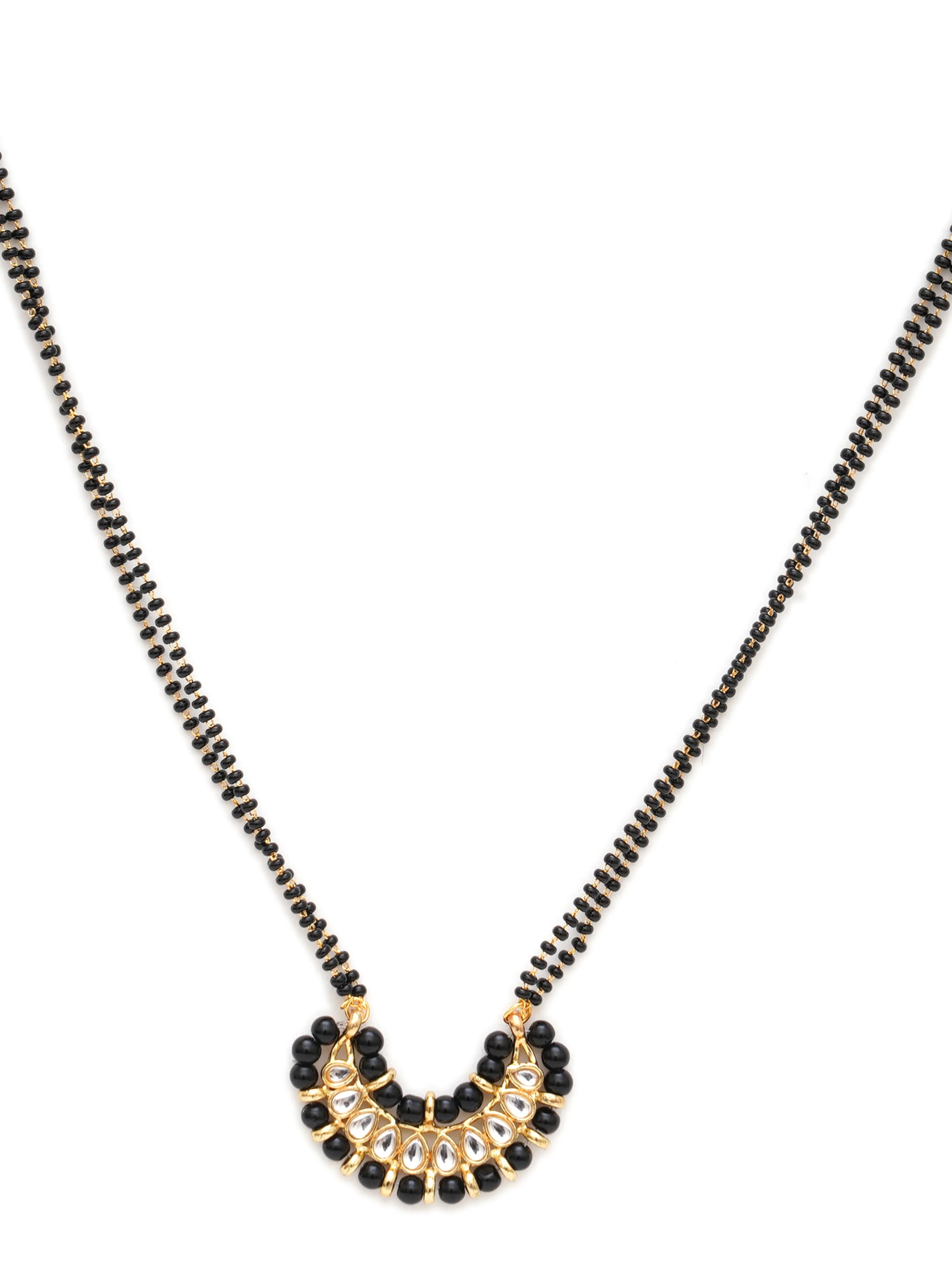 Karatcart Gold Plated Black Beads Moon Shape Kundan Mangalsutra with Earrings