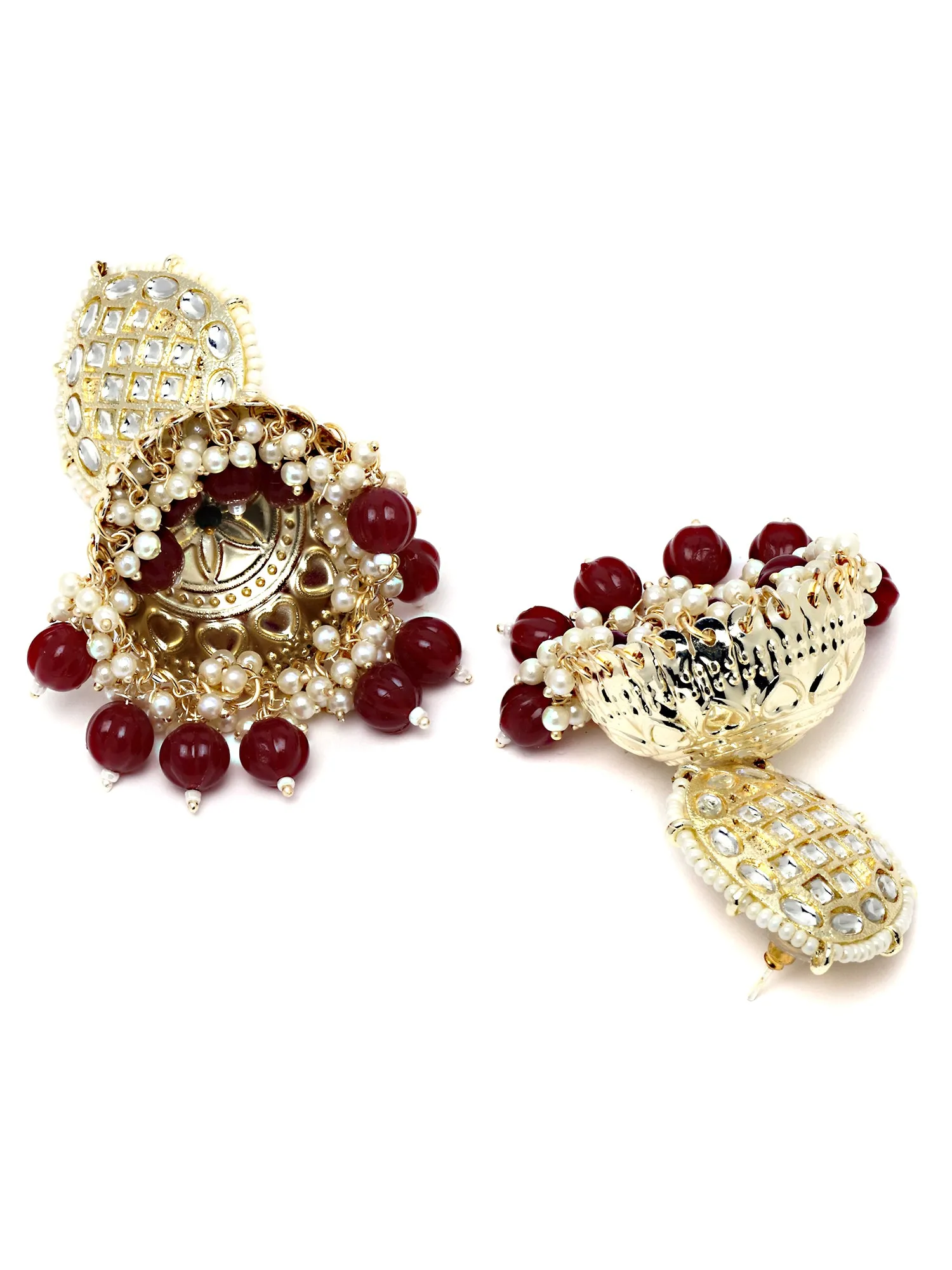 Karatcart Gold Plated Drop Shaped Red Beads Kundan Jhumki Earrings for Women