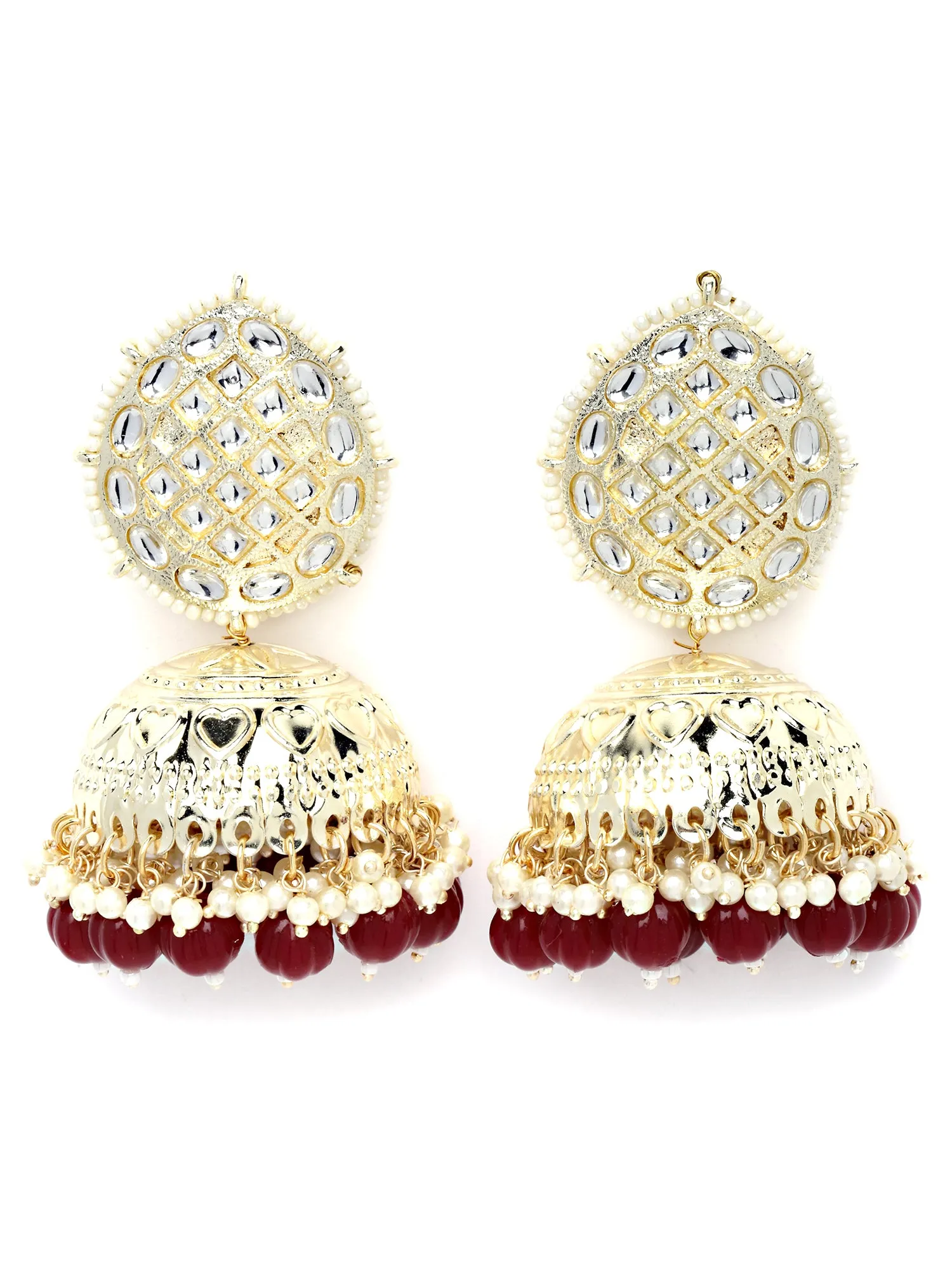 Karatcart Gold Plated Drop Shaped Red Beads Kundan Jhumki Earrings for Women