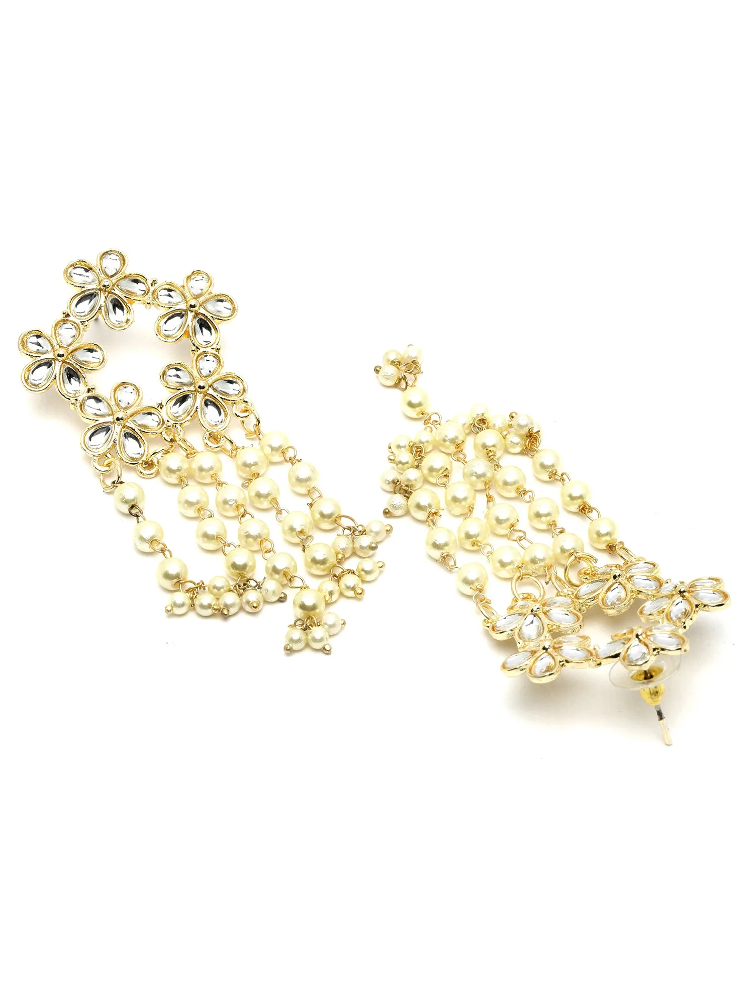 Karatcart Gold Plated Floral Design Kundan Pearl Tassel Earrings for Women
