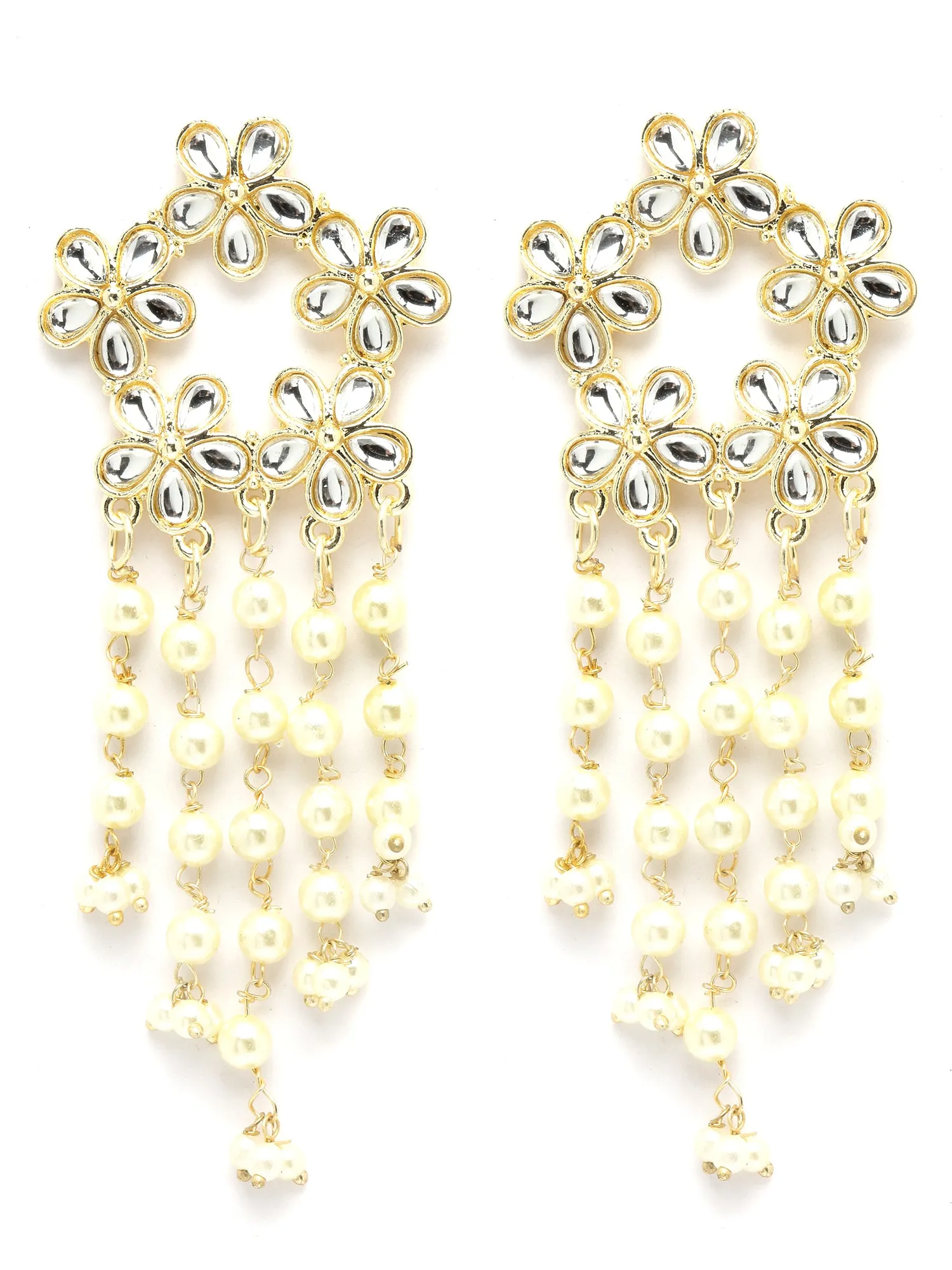 Karatcart Gold Plated Floral Design Kundan Pearl Tassel Earrings for Women