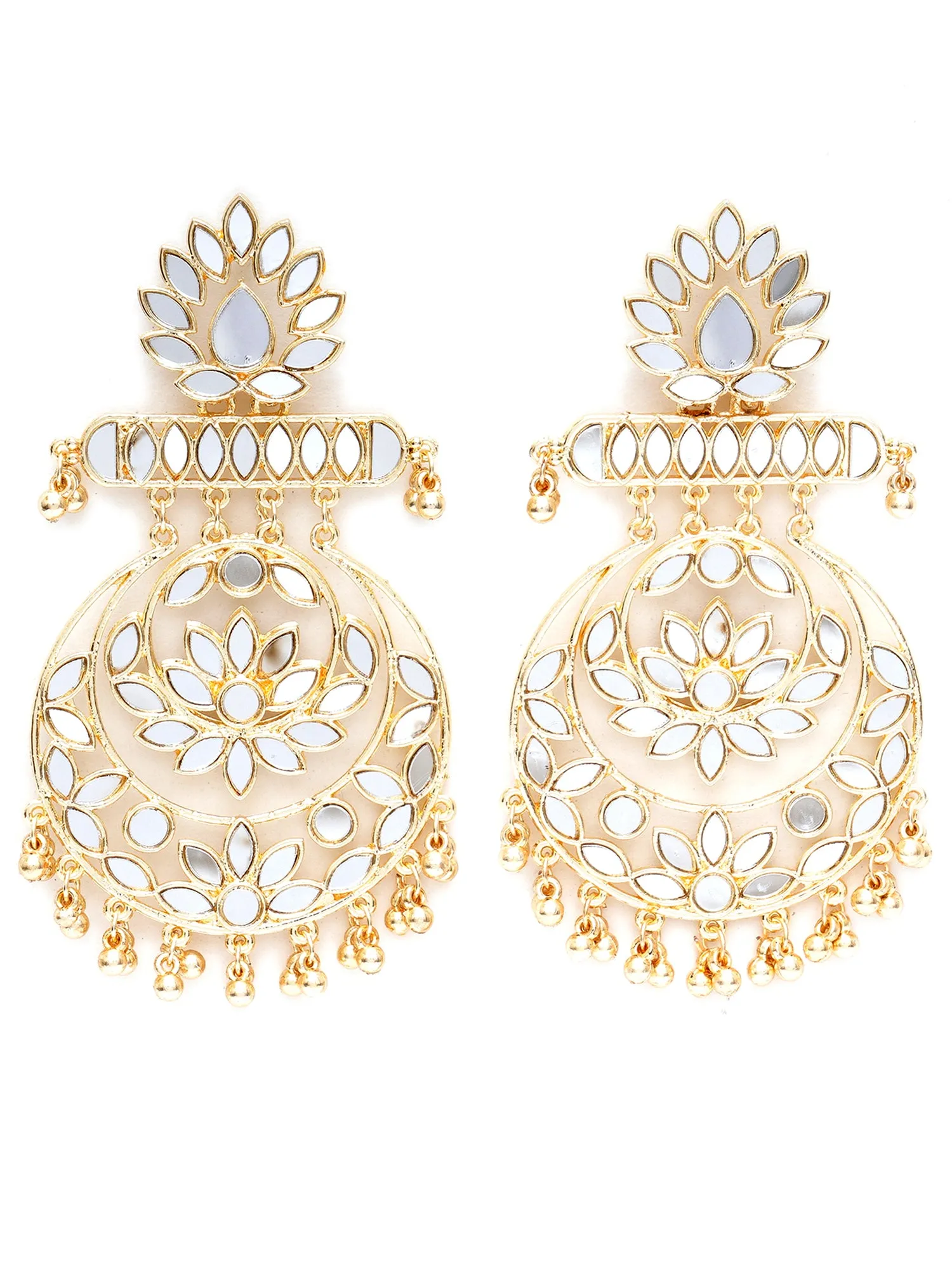 Karatcart Gold Plated Floral Design Mirror Work Long Dangler Earrings for Women