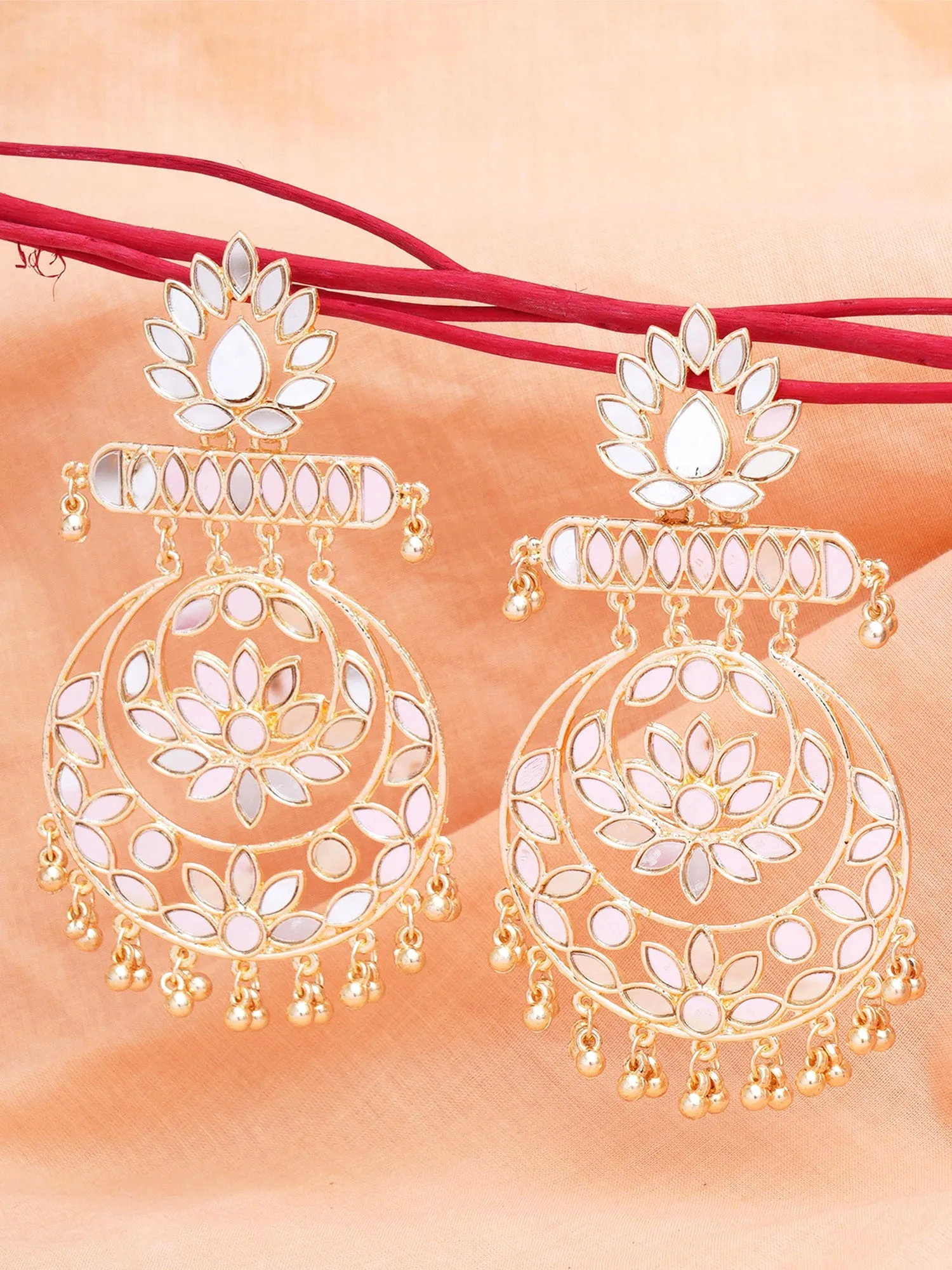 Karatcart Gold Plated Floral Design Mirror Work Long Dangler Earrings for Women