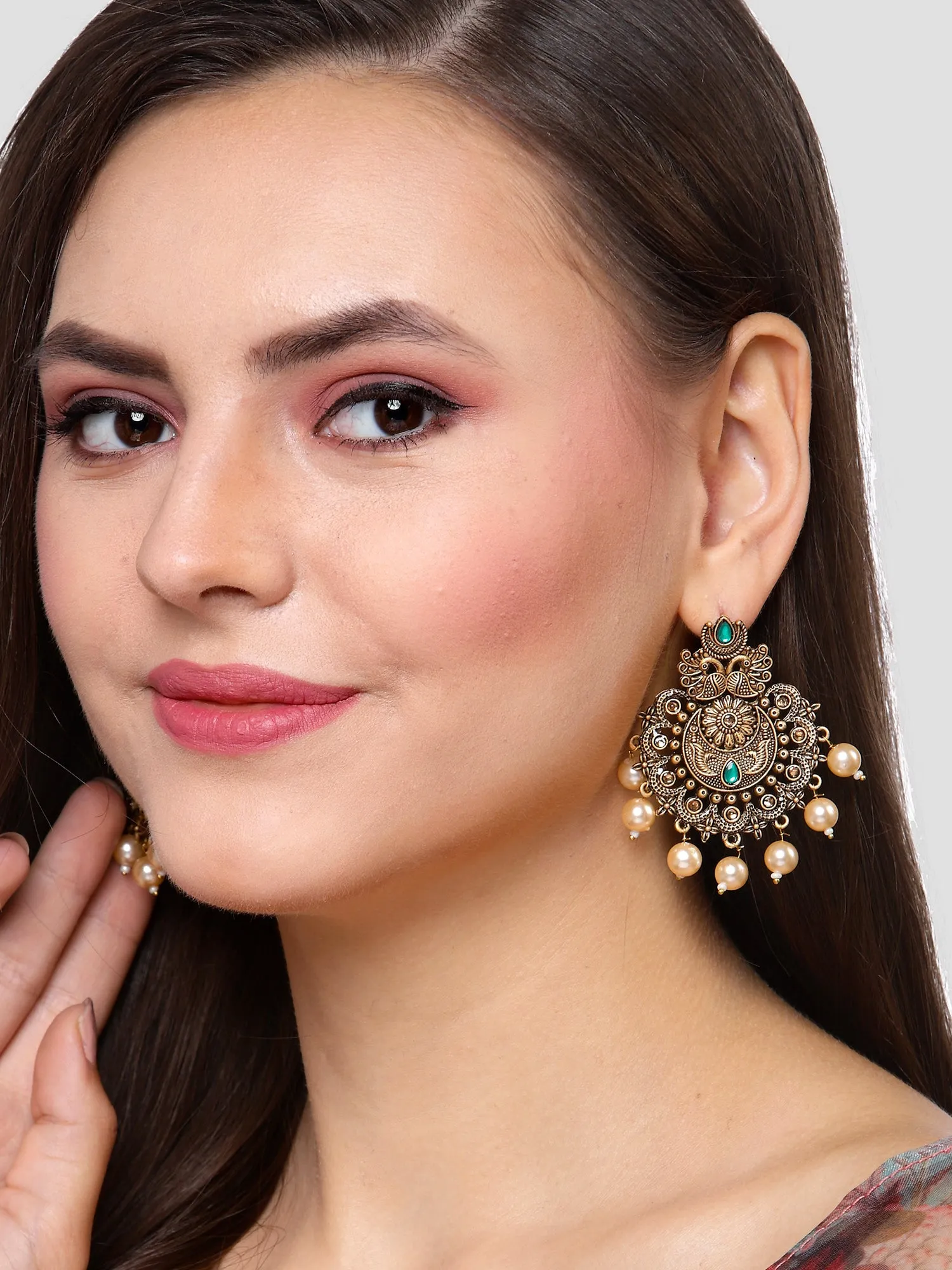 Karatcart Gold Plated Green Floral Design Gloden Pearl Dangler Earrings for Women