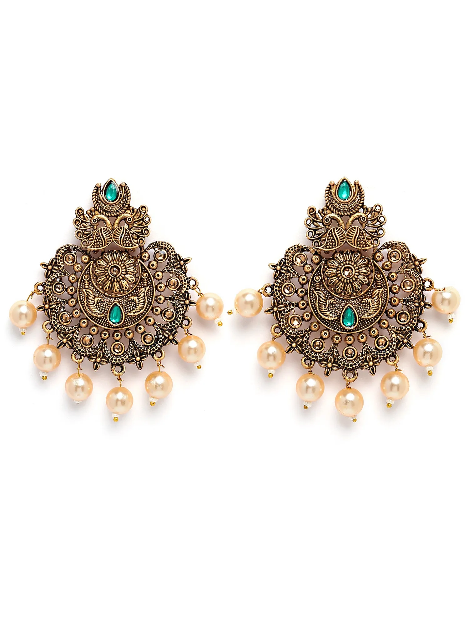 Karatcart Gold Plated Green Floral Design Gloden Pearl Dangler Earrings for Women