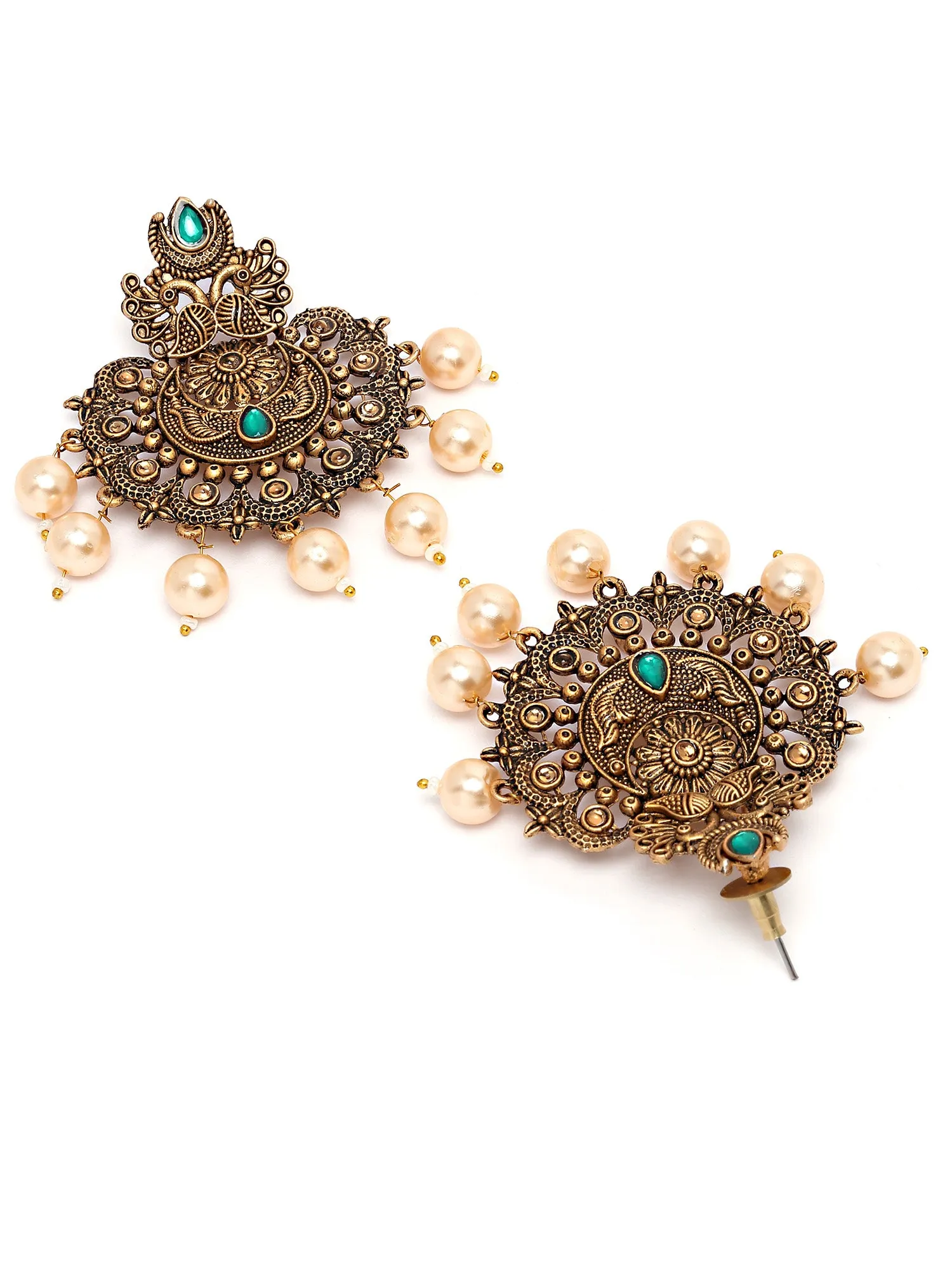Karatcart Gold Plated Green Floral Design Gloden Pearl Dangler Earrings for Women