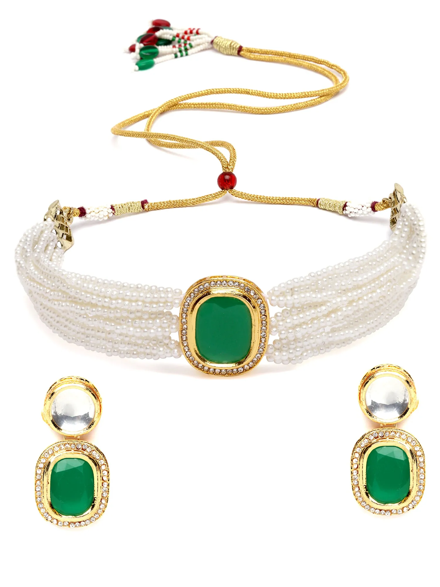 Karatcart Gold Plated Green Polki Kundan Choker Necklace Set for Women