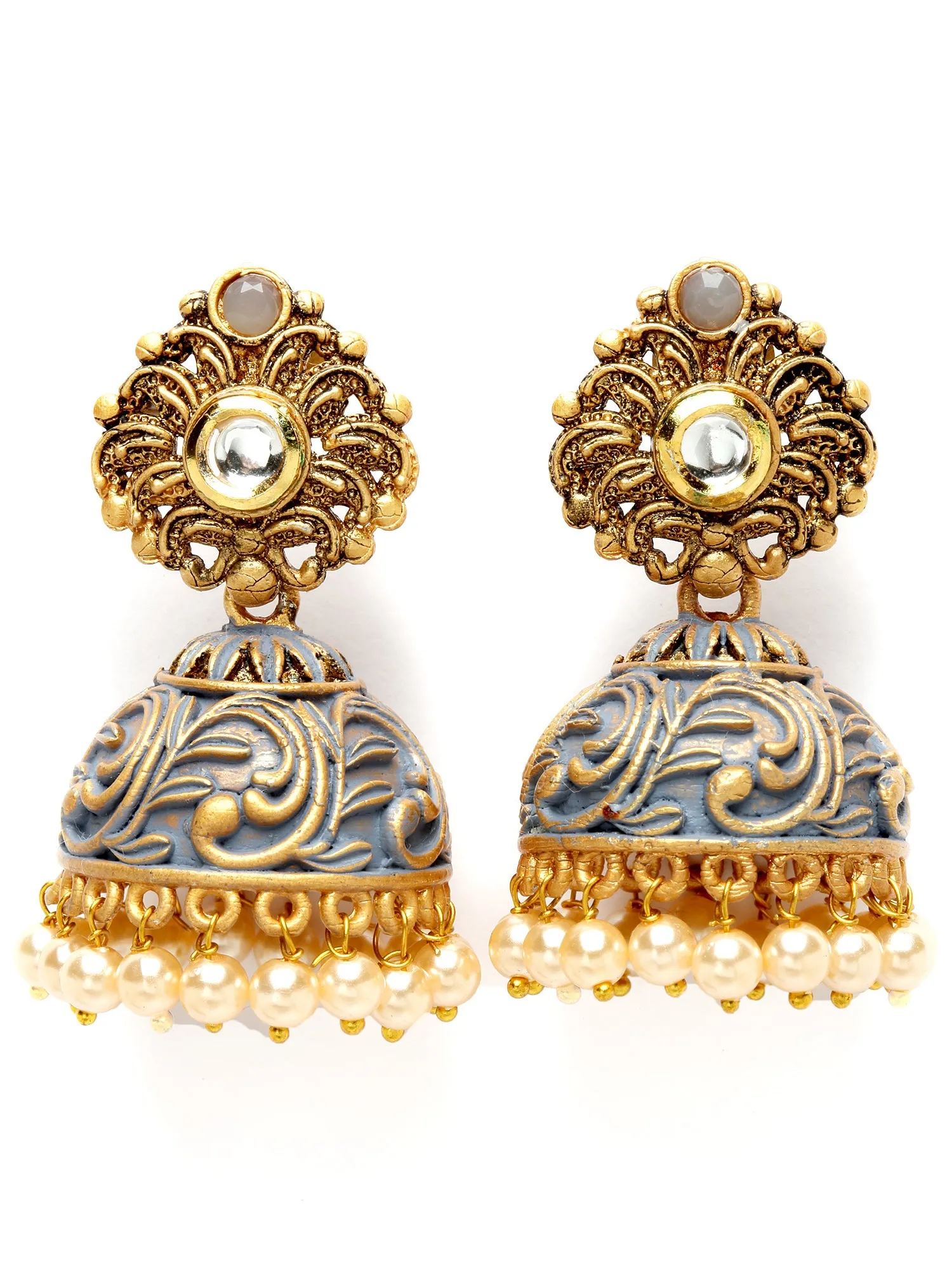 Karatcart Gold Plated Grey Meena Golden Pearl Jhumki Earrings for Women