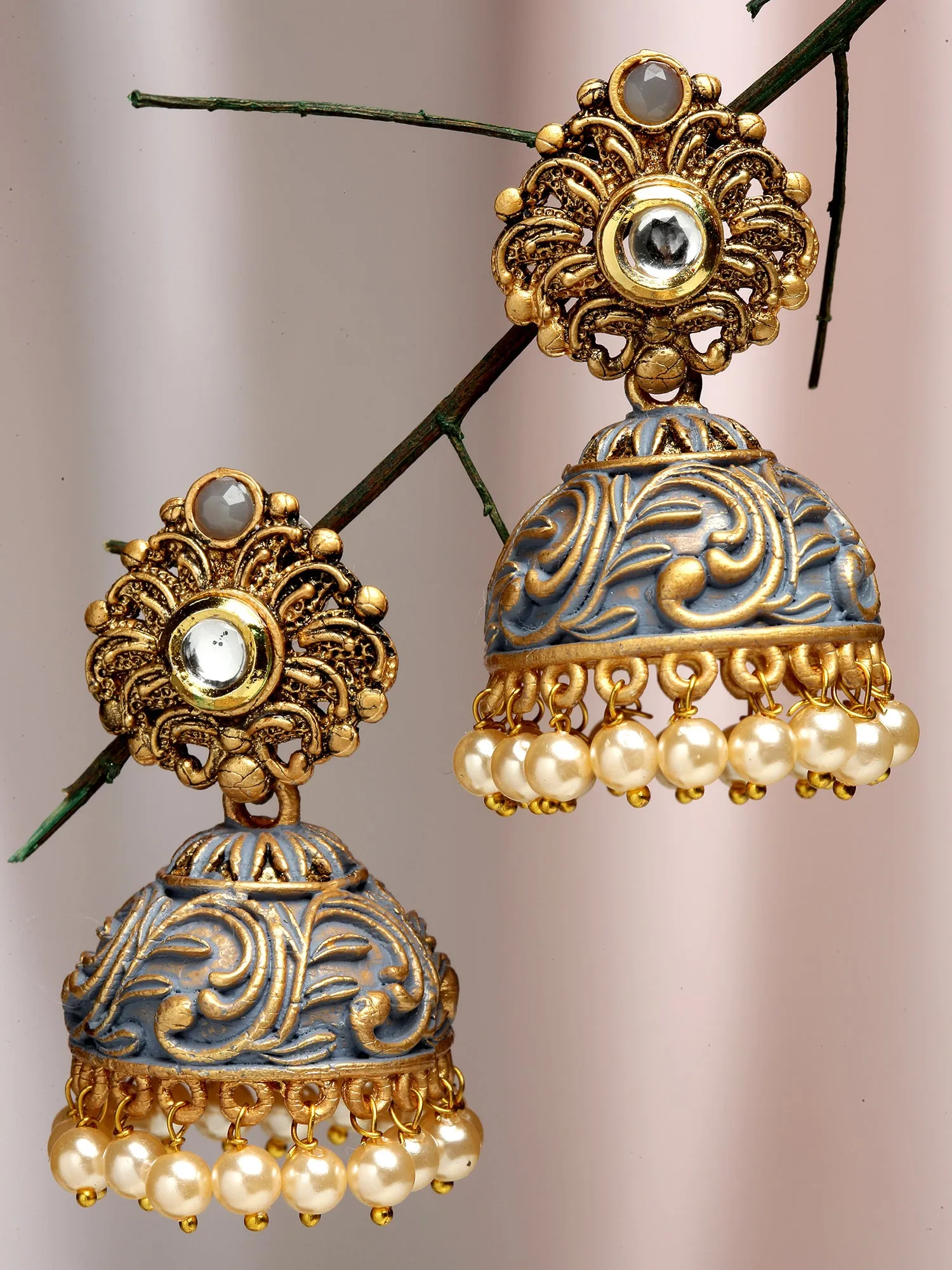Karatcart Gold Plated Grey Meena Golden Pearl Jhumki Earrings for Women