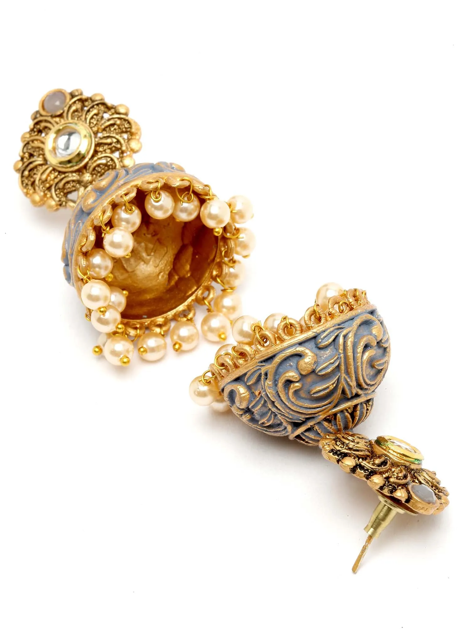 Karatcart Gold Plated Grey Meena Golden Pearl Jhumki Earrings for Women