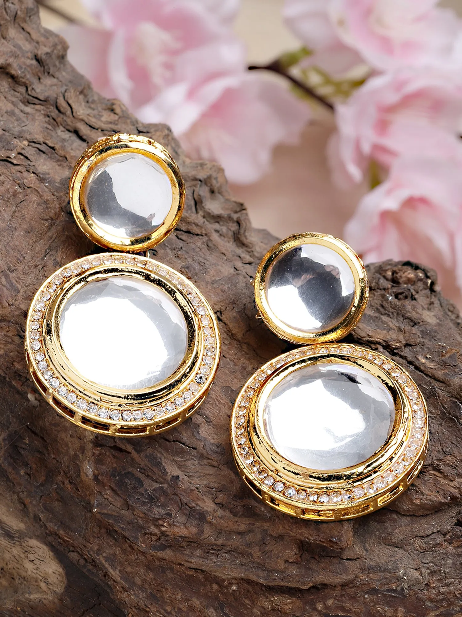 Karatcart Gold Plated Handcrafted Round Polki Kundan Drop Earrings for Women