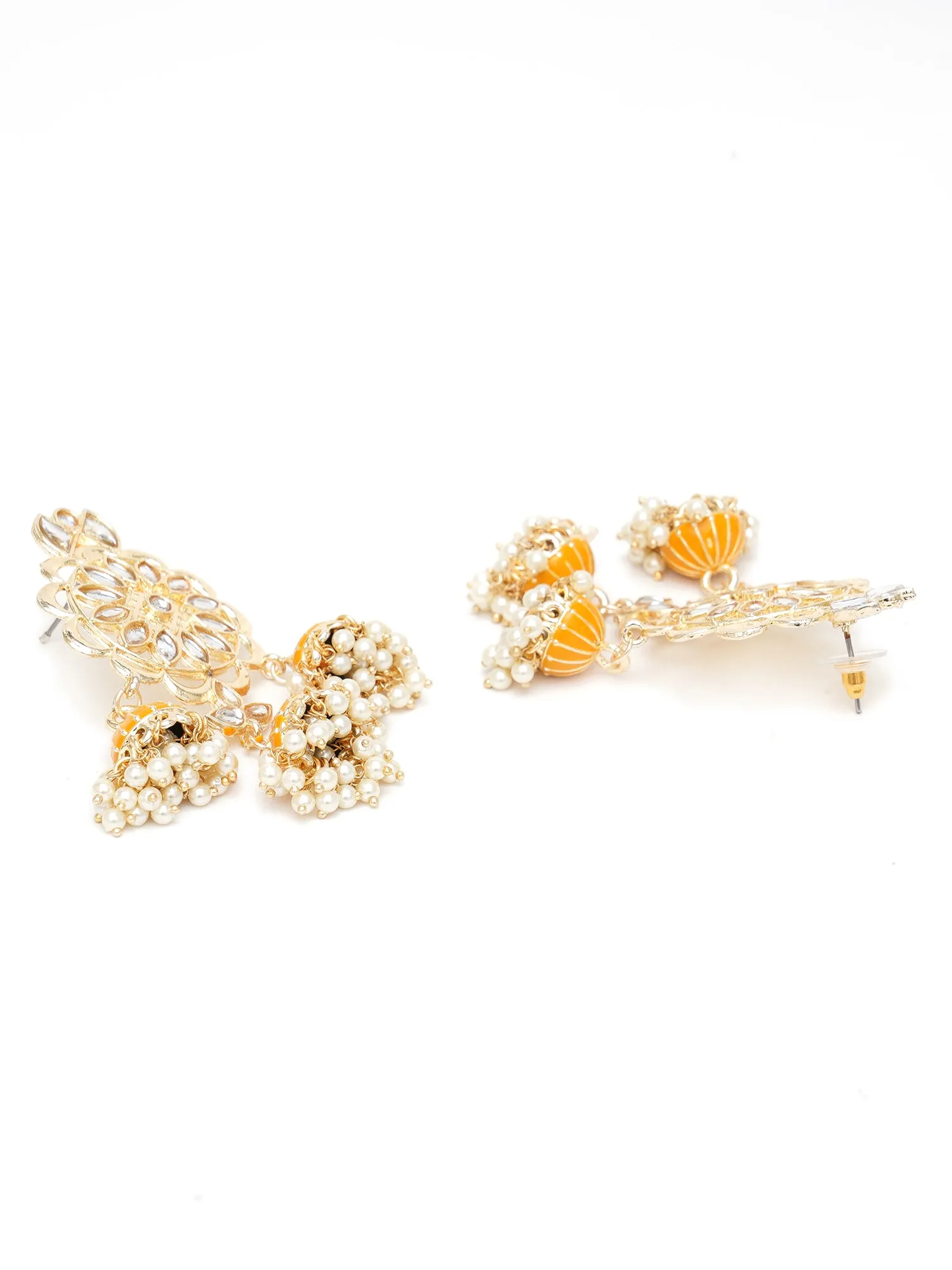 Karatcart Gold Plated Kundan Studded Yellow Meena Triple Jhumki Earrings for Women