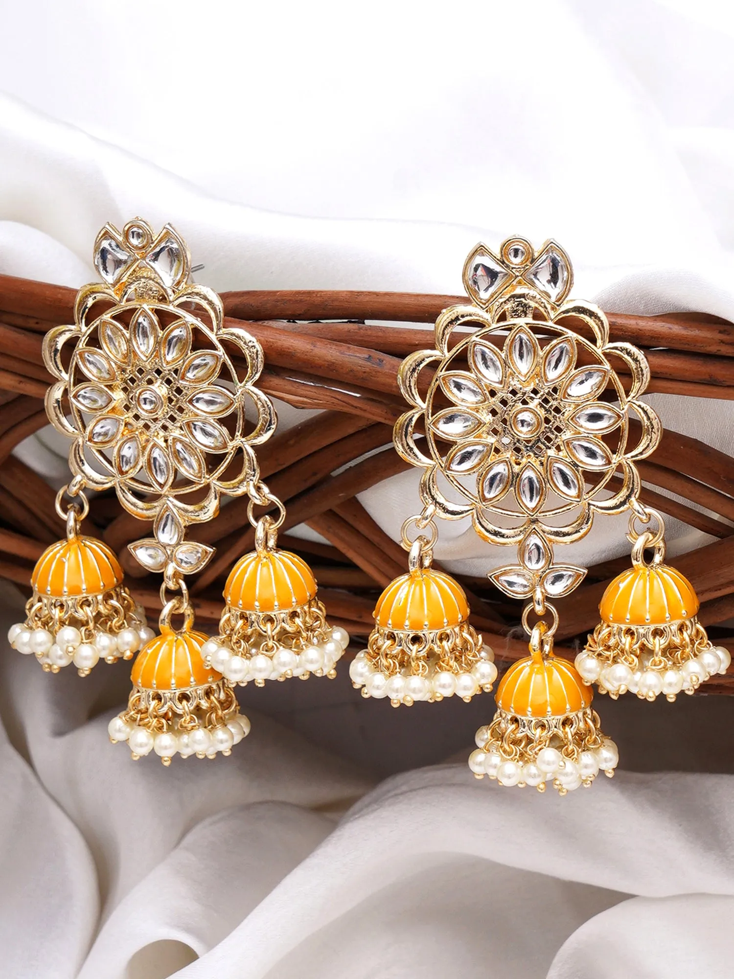 Karatcart Gold Plated Kundan Studded Yellow Meena Triple Jhumki Earrings for Women