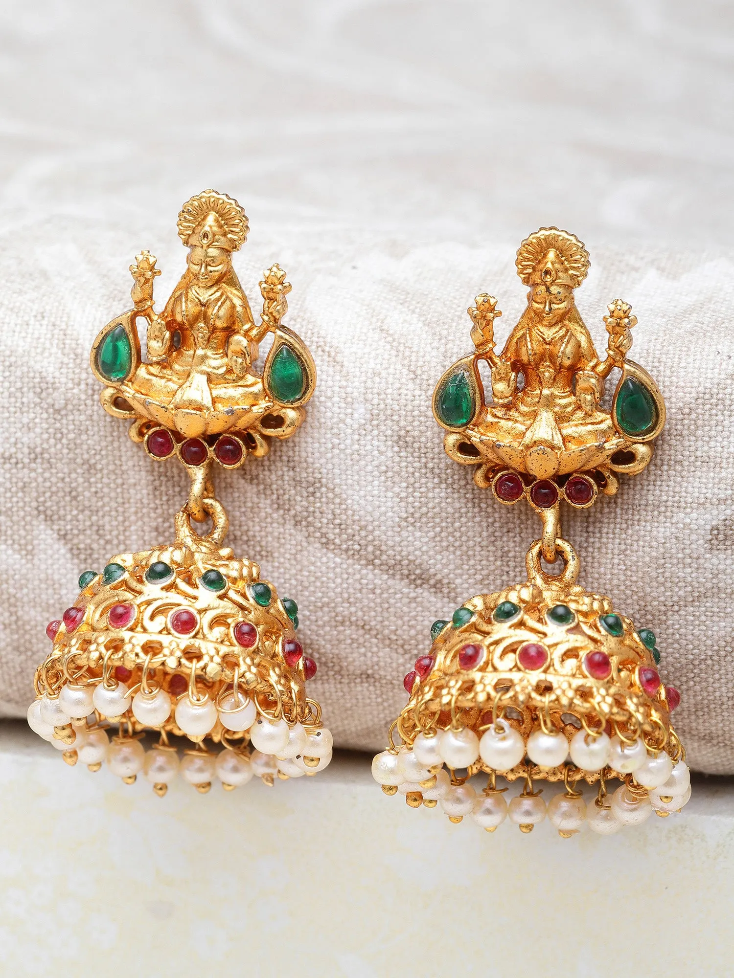 Karatcart Gold Plated Laxmi Mata Temple Jhumki Earrings Set for Women
